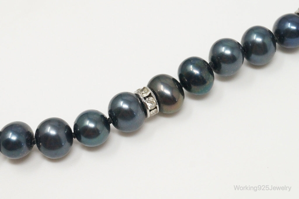 Vintage Tahitian Pearl Cubic Zirconia Sterling Silver String Necklace