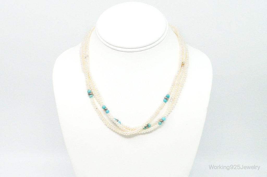 Vintage Native American Turquoise & Pearl Sterling Silver Bead Necklace