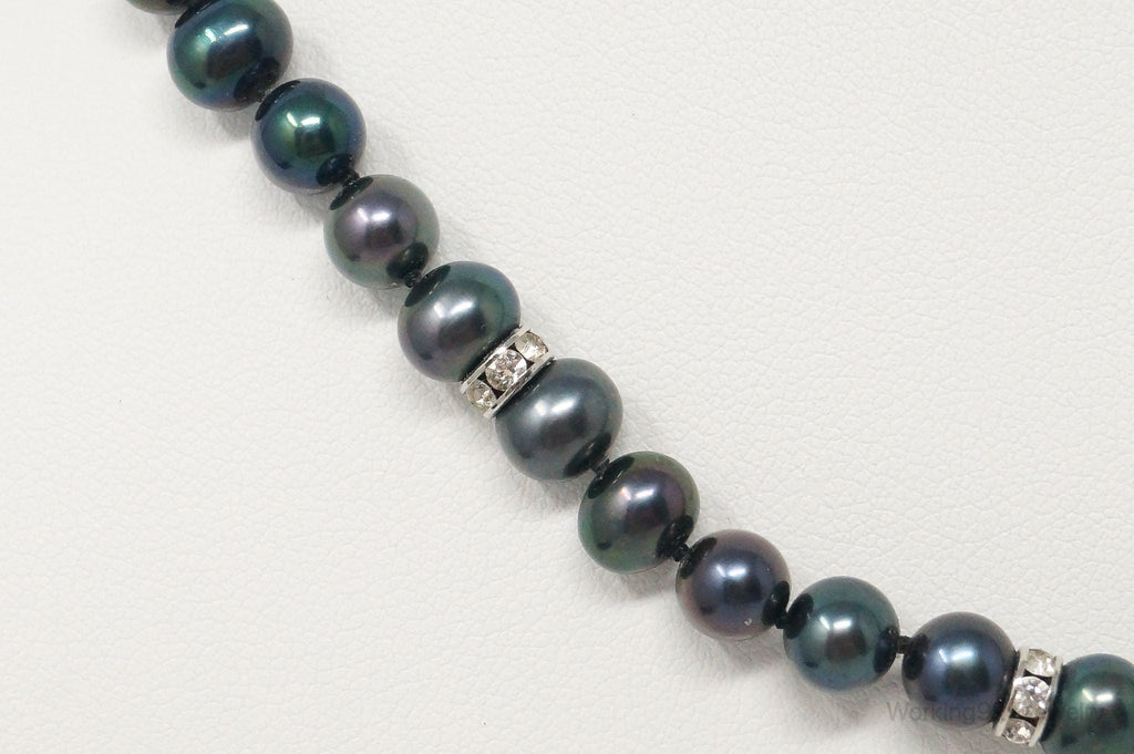 Vintage Tahitian Pearl Cubic Zirconia Sterling Silver String Necklace