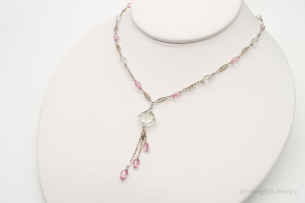 Vintage Prasiolite Pink Topaz Seed Pearls Sterling Silver Necklace