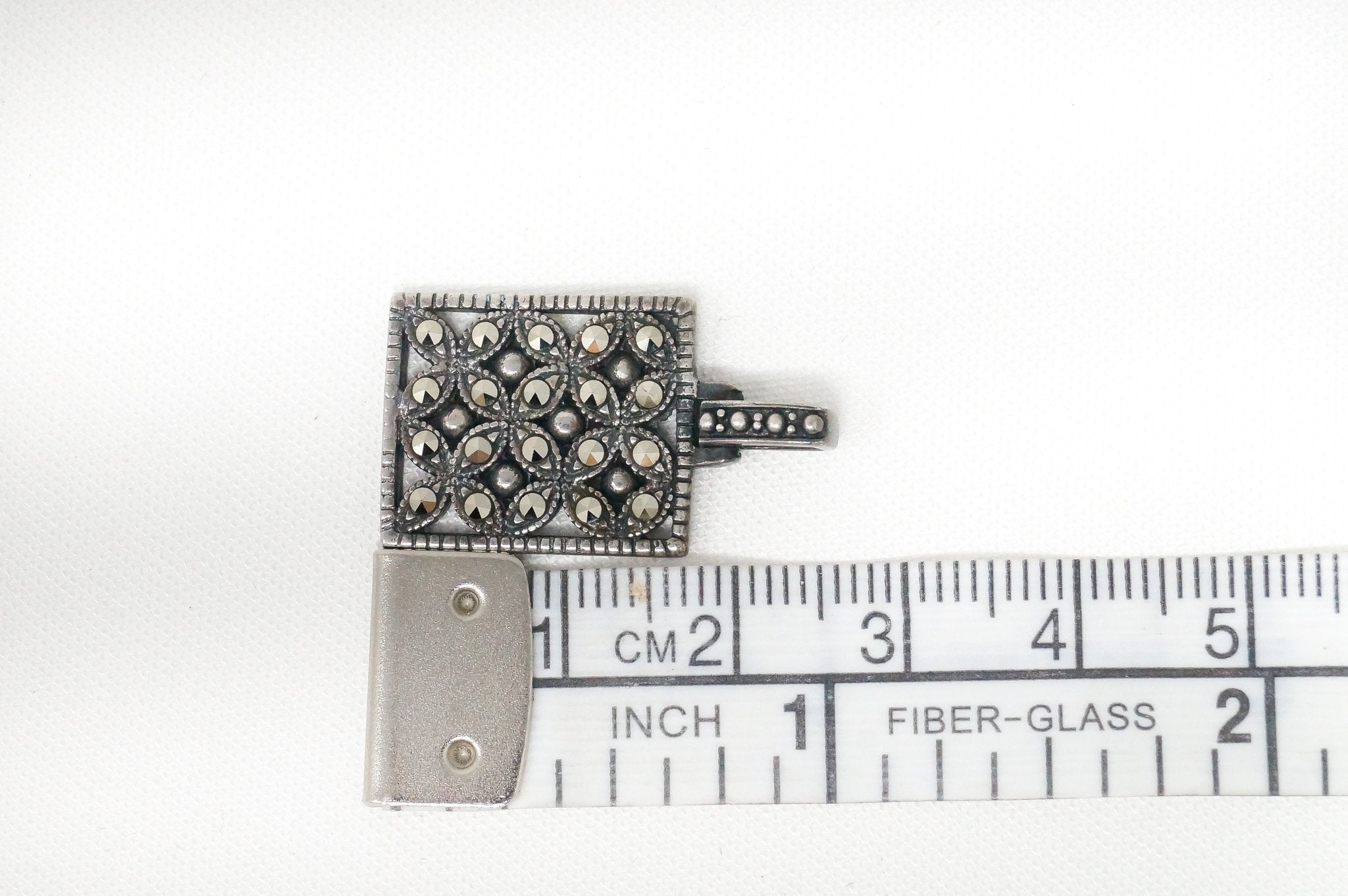 Vintage Designer BOMA Marcasite Sterling Silver Square Necklace Pendant