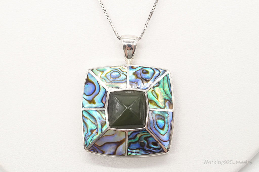 Vintage Paua Abalone Shell Green Stone Sterling Silver Necklace