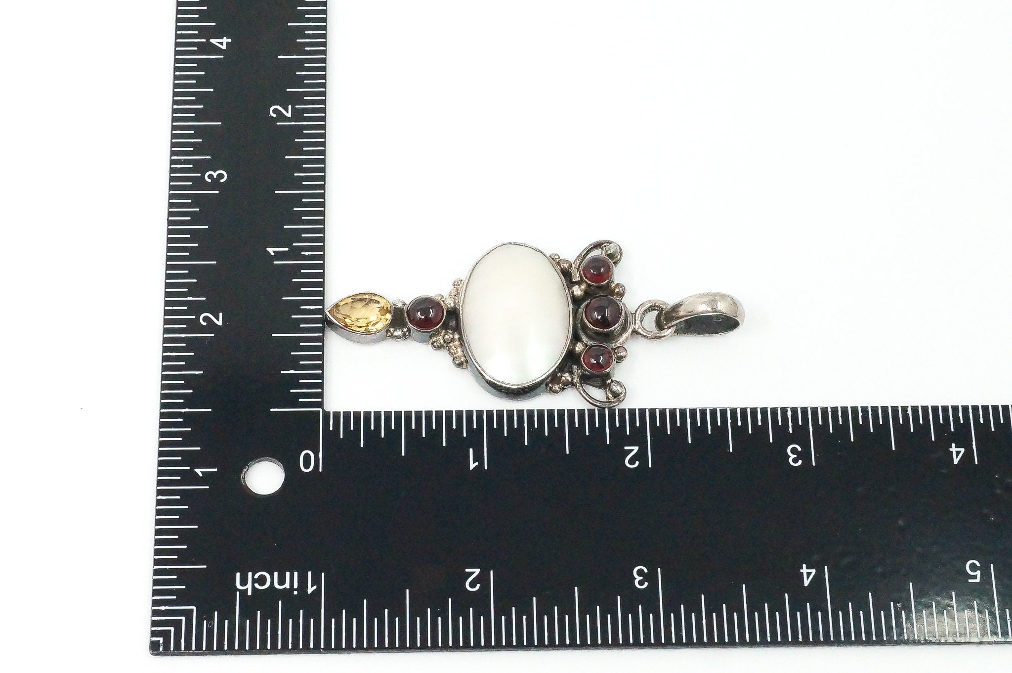 Large Vintage Mothe Of Pearl Citrine Garnet Sterling Silver Pendant