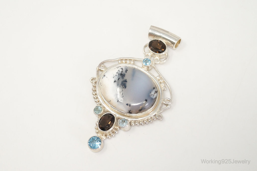 Large SAJEN Dendritic Agate Smoky Topaz Blue Topaz Sterling Silver Pendant