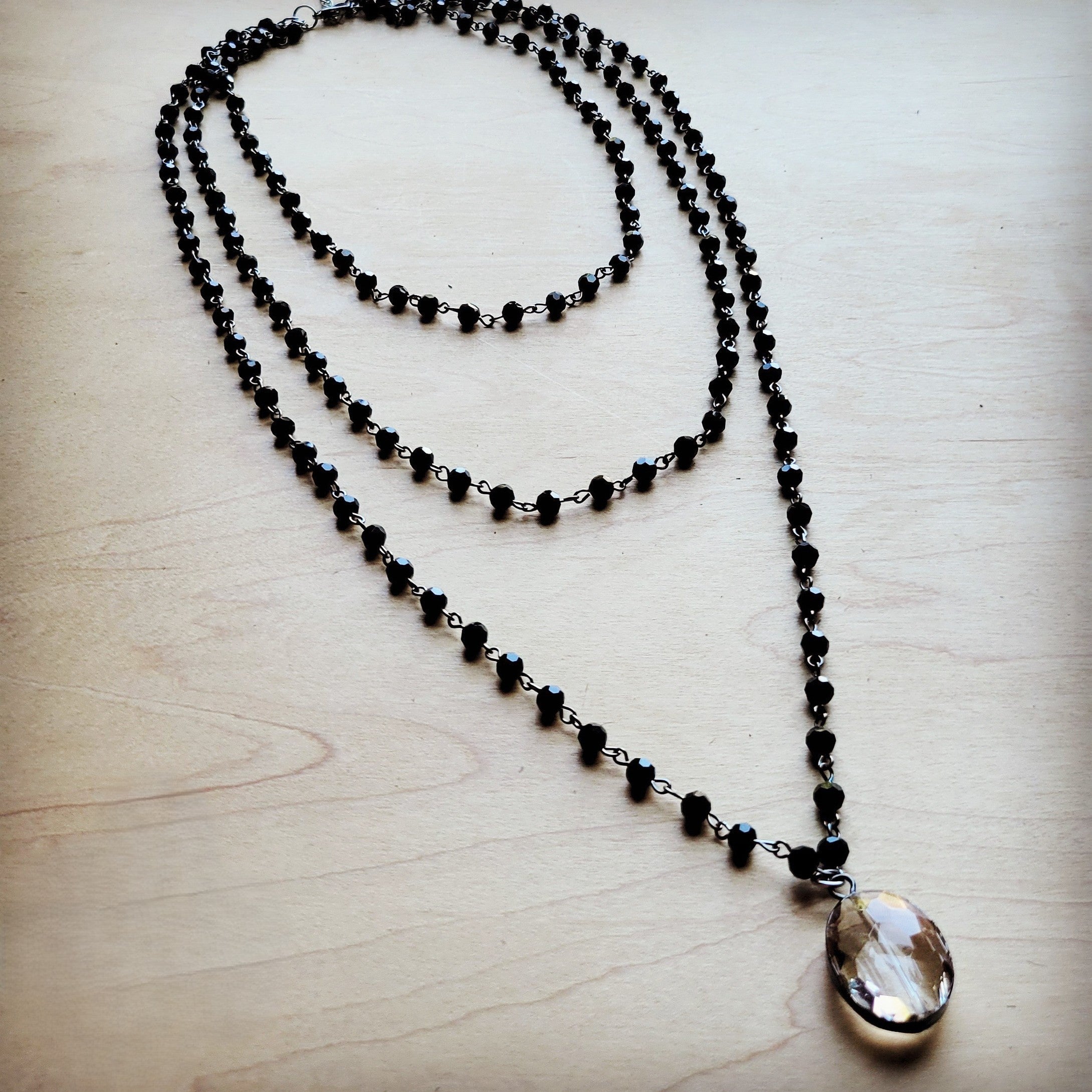 Faceted Glass Beaded Triple Strand Layering Necklace w/ Pendant 253k