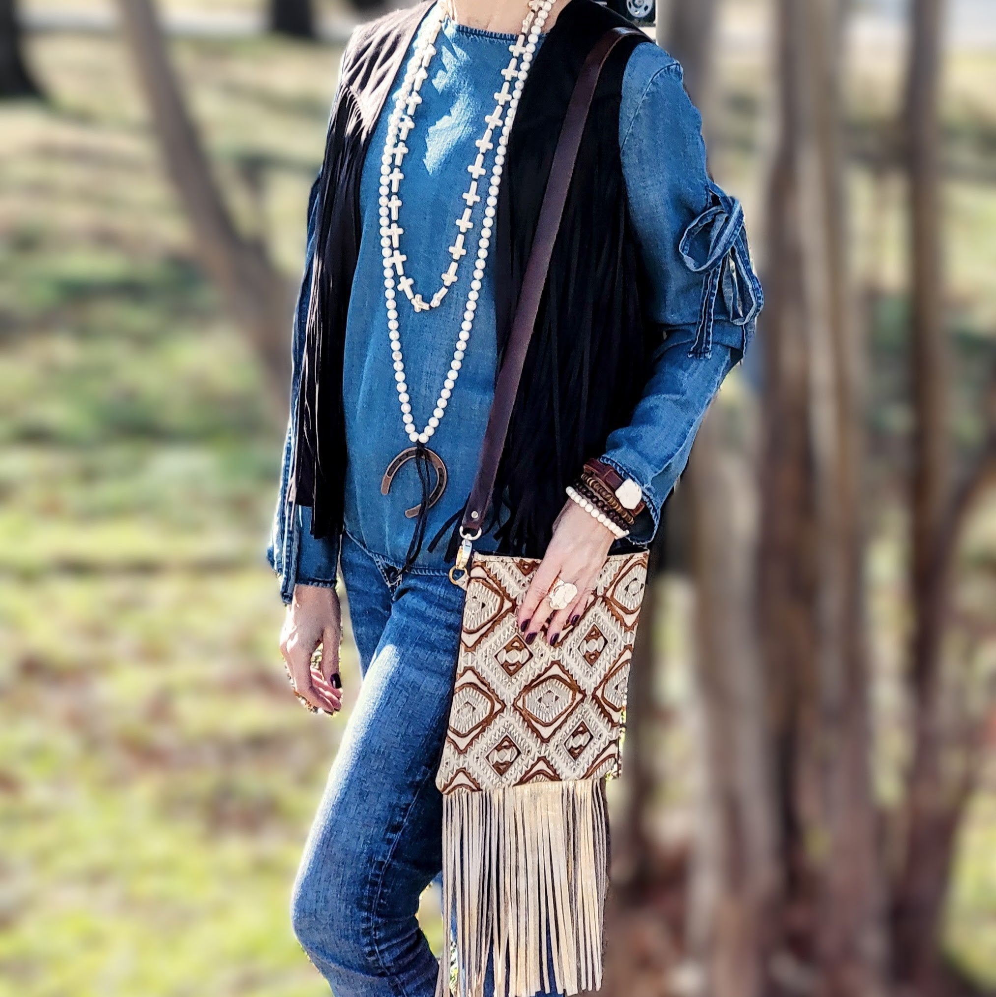 **White Turquoise & Wood Beaded Cross Necklace 258o