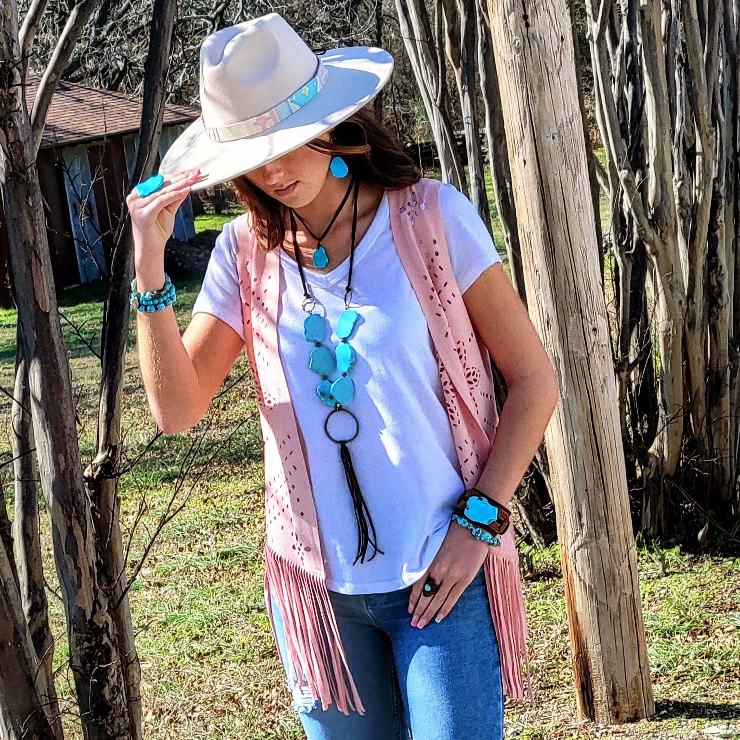 Blue Turquoise Slab Necklace with Long Leather Tassel 226G