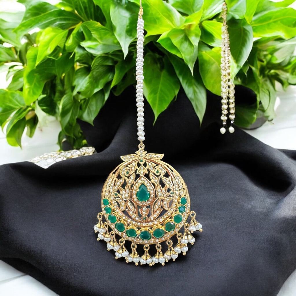 Emerald and pearl tika in silver with fresh water pearls - gold plated , Oversized( SHIPS IN 5 WEEKS )