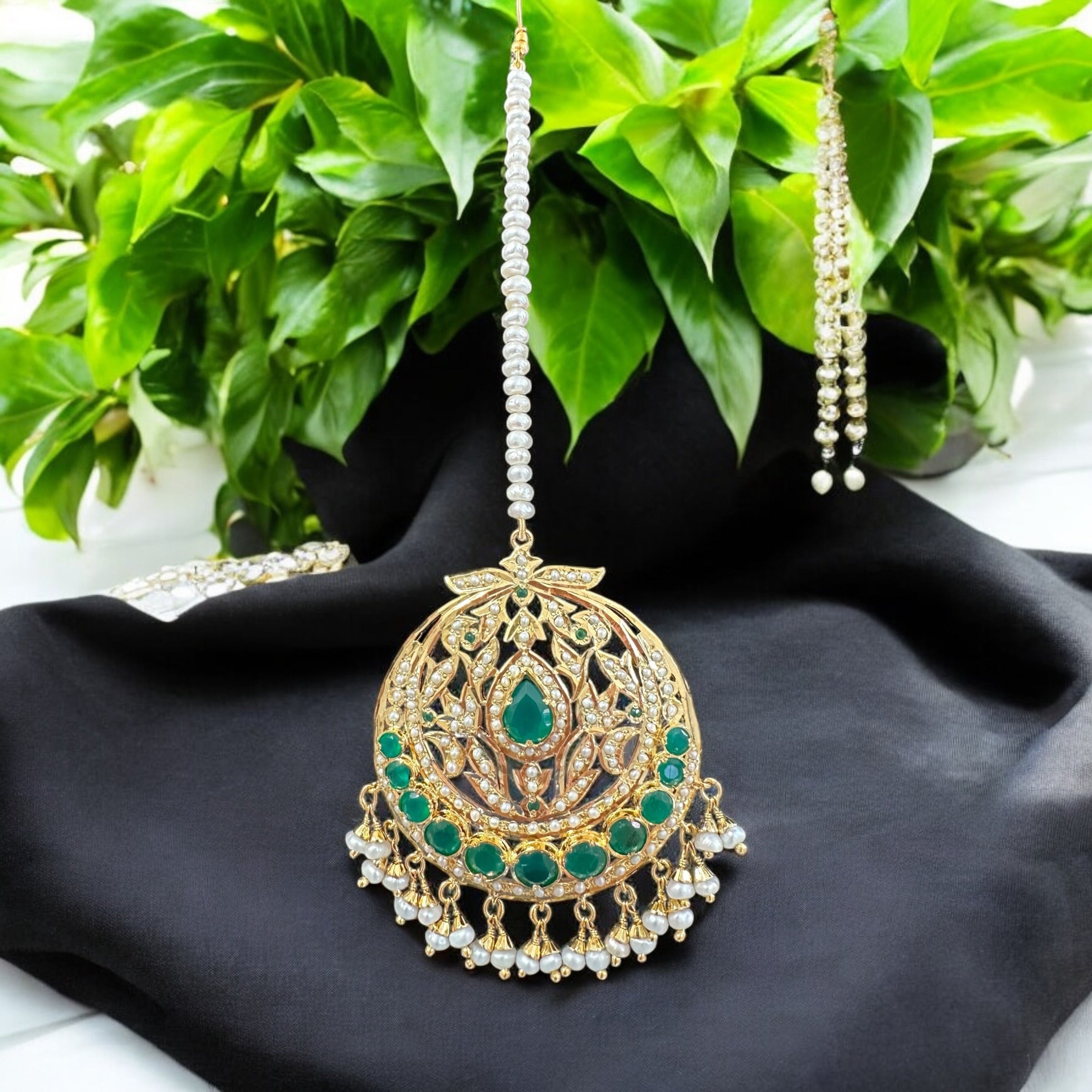 Emerald and pearl tika in silver with fresh water pearls - gold plated , Oversized( SHIPS IN 5 WEEKS )