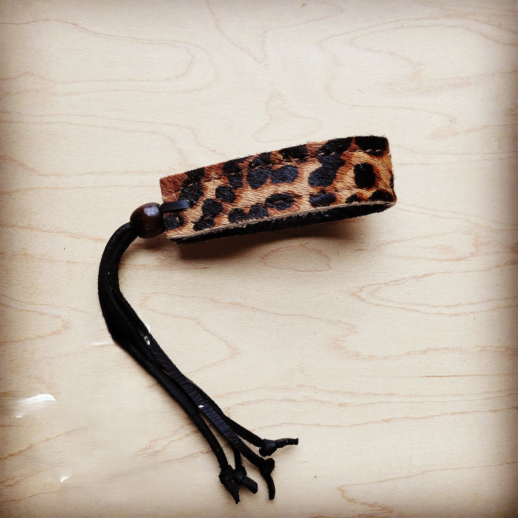 **Narrow Leather Cuff w/ Adjustable Tie Hair Hide Leopard 014p