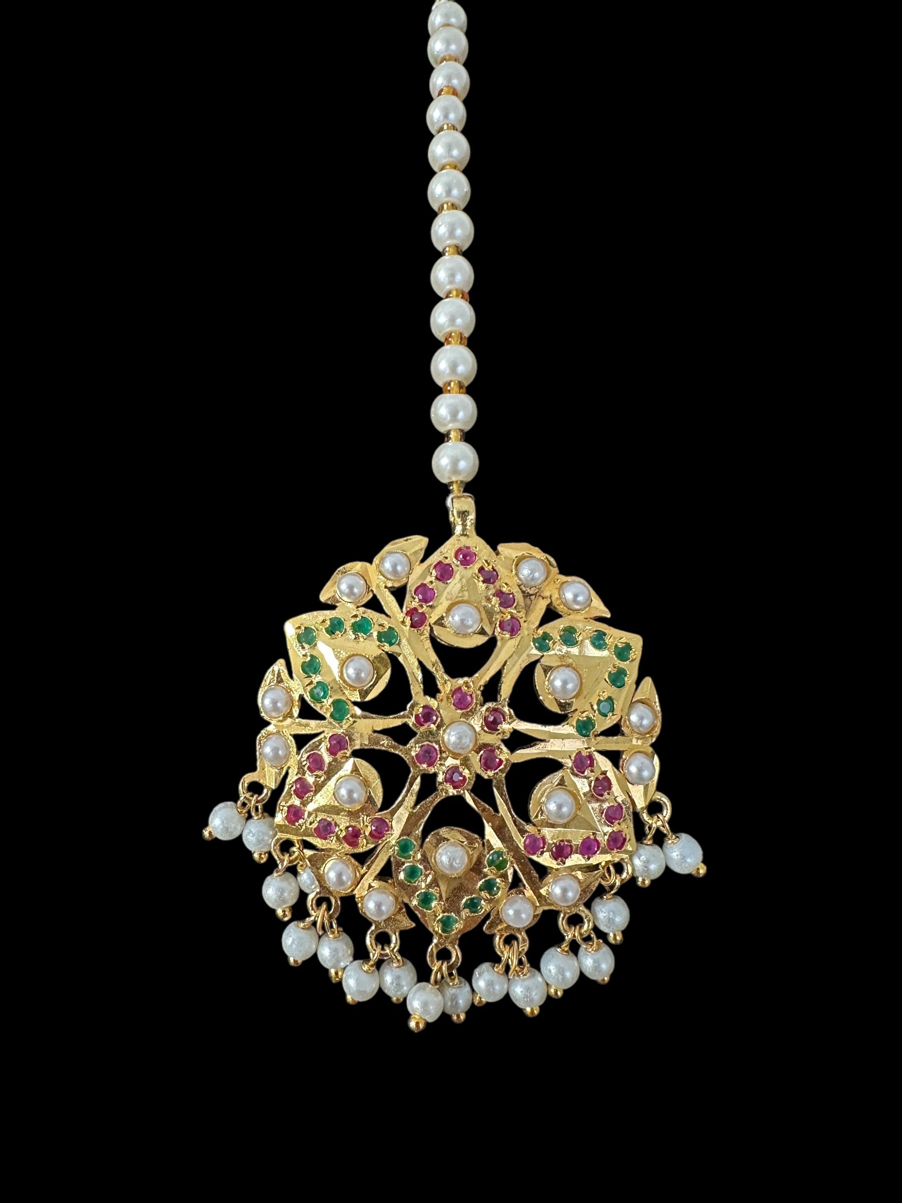 DNS190  Gold-Plated jadau ruby emerald  Hasli Necklace with earrings tika  – Handcrafted Traditional Set ( READY TO SHIP )