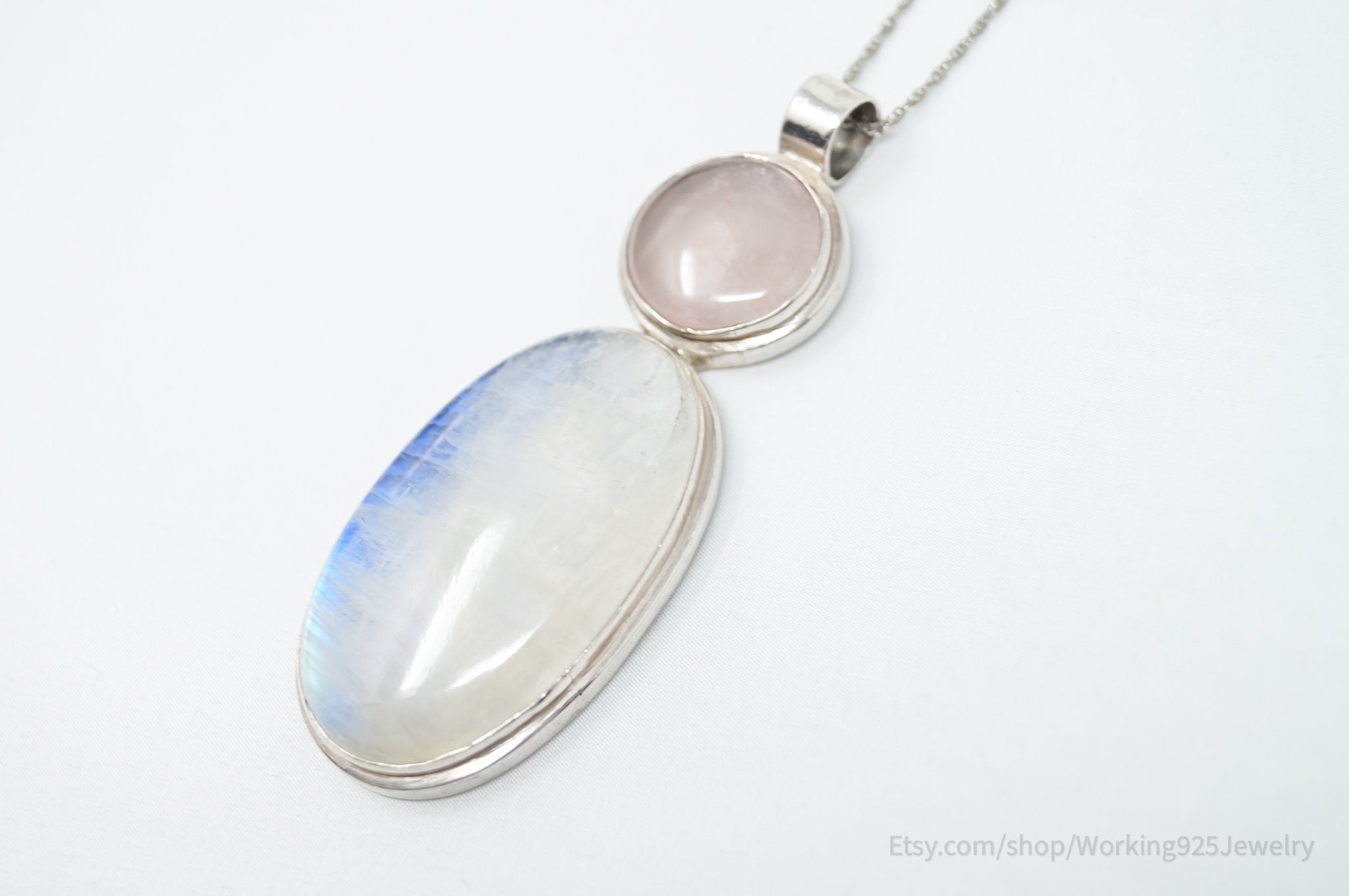 Vintage Large Moonstone Rose Quartz Sterling Silver Southwestern Necklace