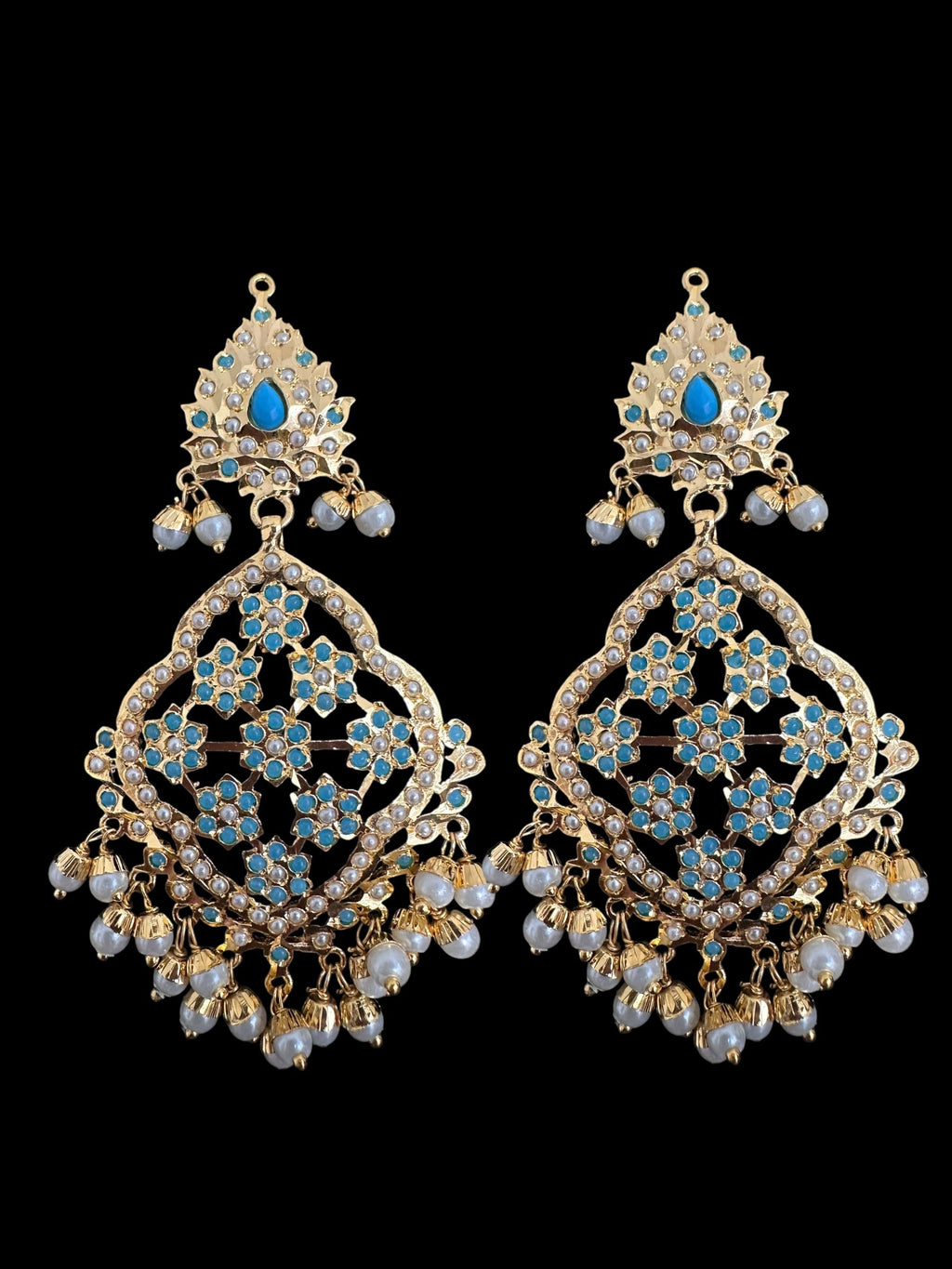 Mehru Jadau chandbali earrings tika in turquoise/feroza pearls ( READY TO SHIP )