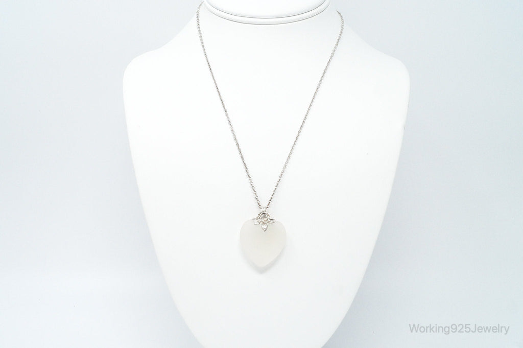 Vintage Large Frosted Glass Heart Rose Sterling Silver Necklace