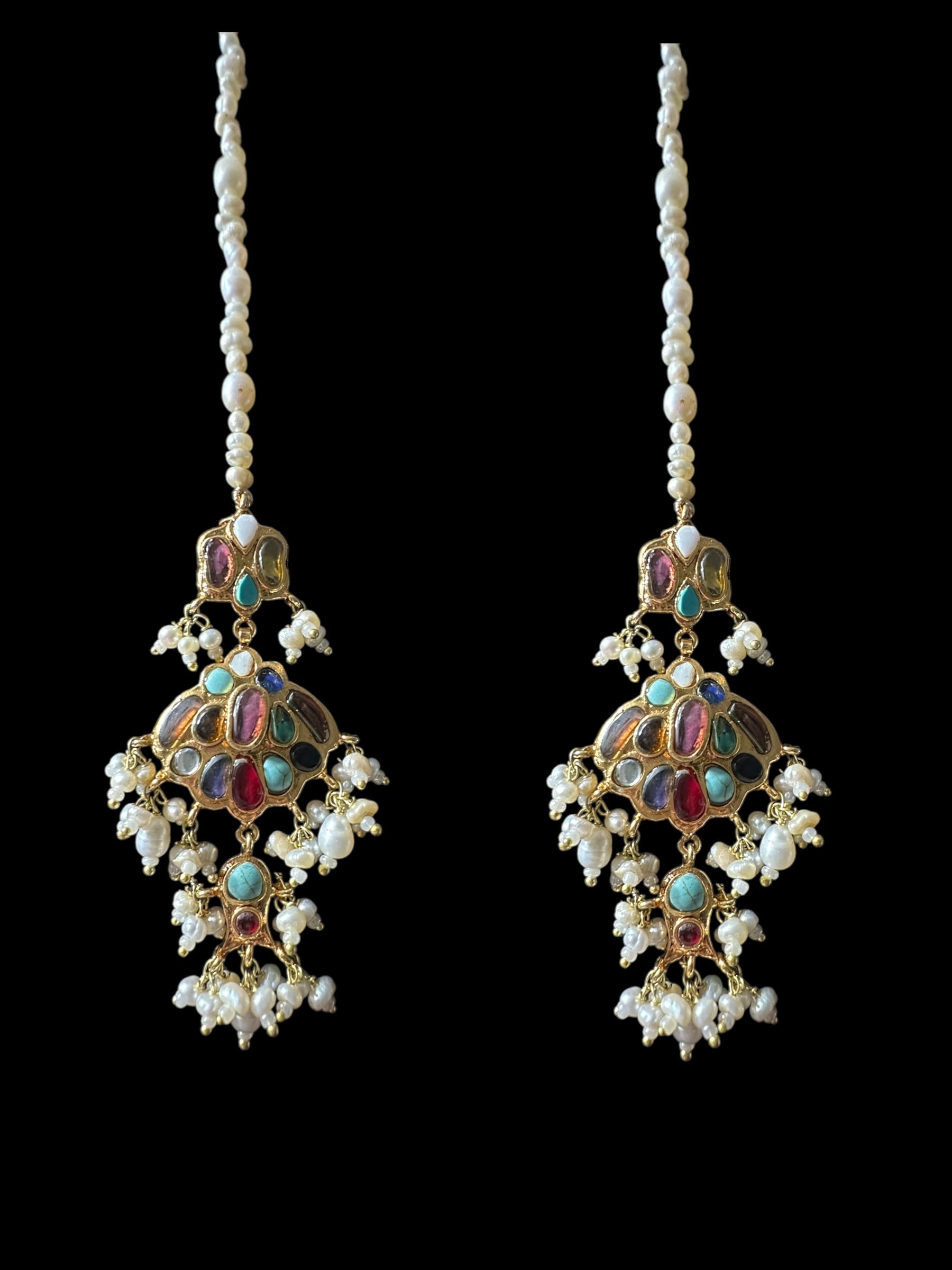 C547 Navratan bridal choker earrings set in fresh water pearls ( READY TO SHIP )