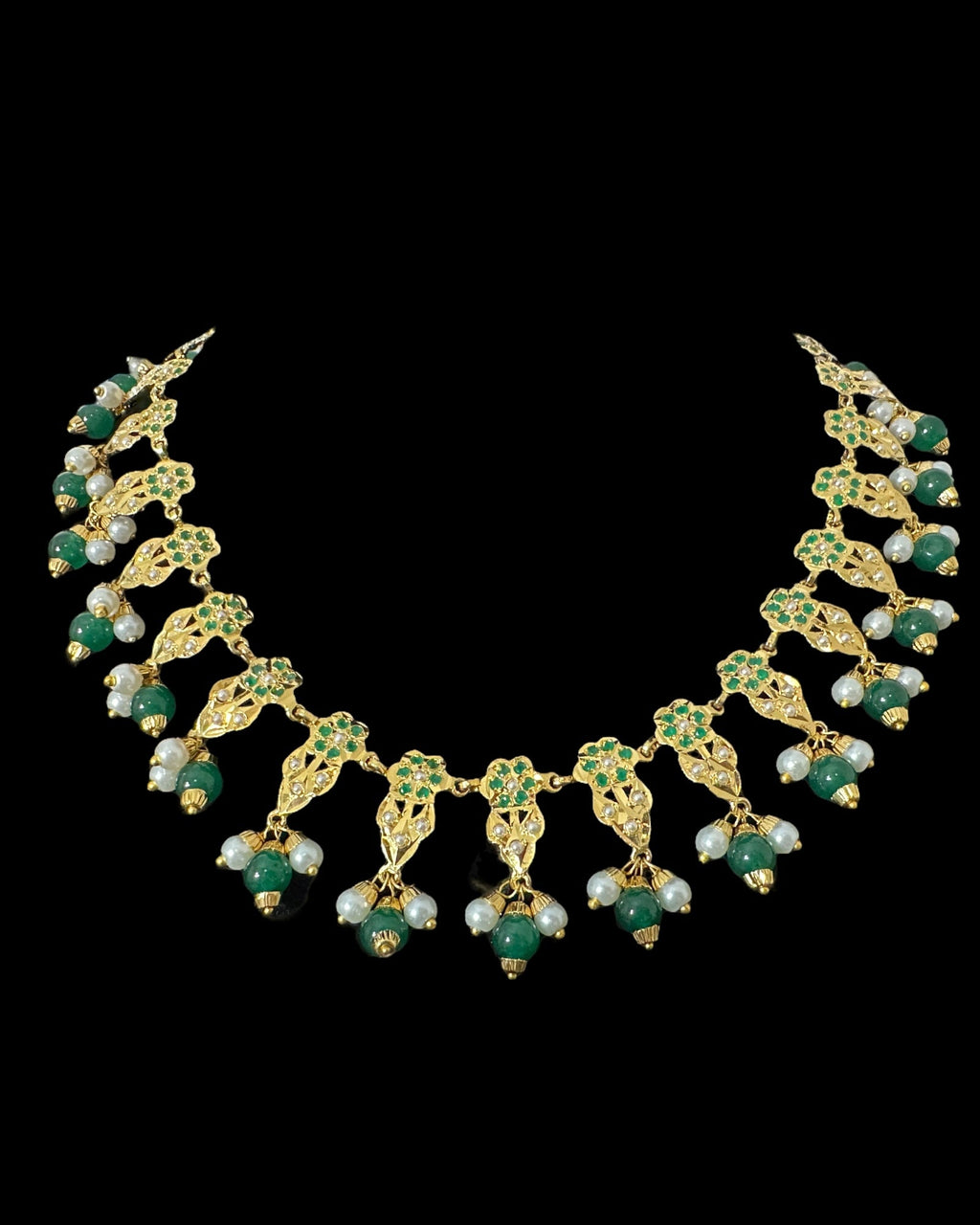 DNS194  Alea punjabi Jadau necklace  set - Emerald / Green   (READY TO SHIP)
