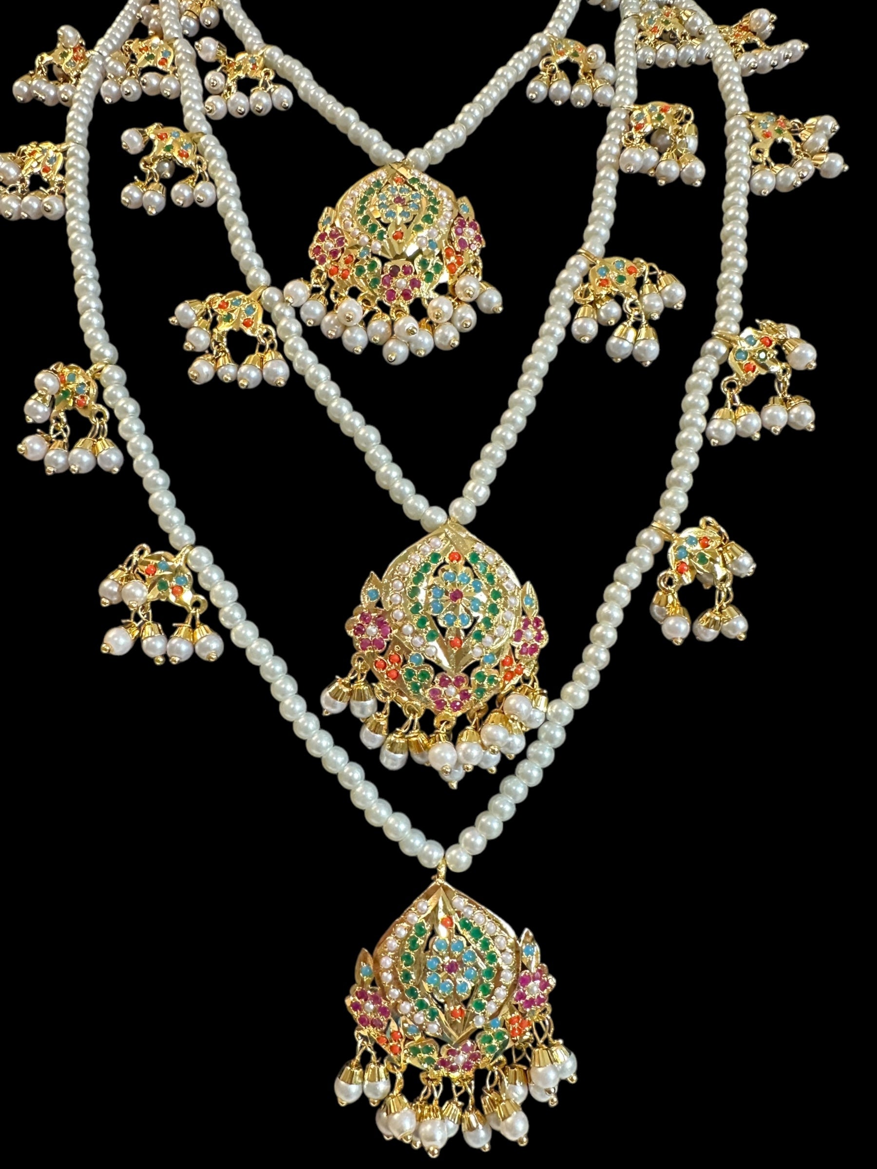 SAT112 Anya jadau 3 layered necklace / satlada in Navratan ( READY TO SHIP )