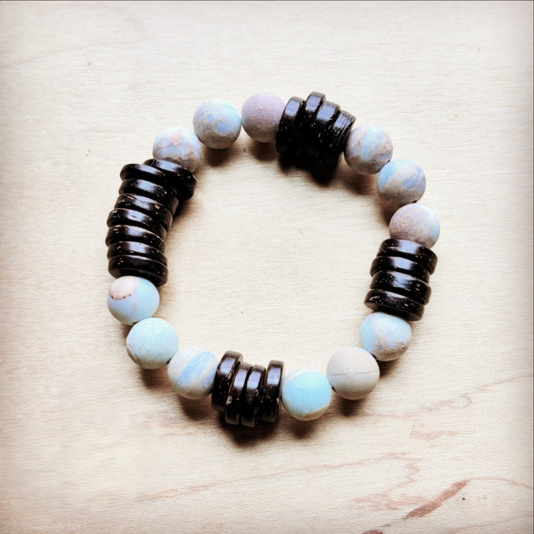 **Frosted Aqua Terra and Wood Stretch Bracelet (808y)