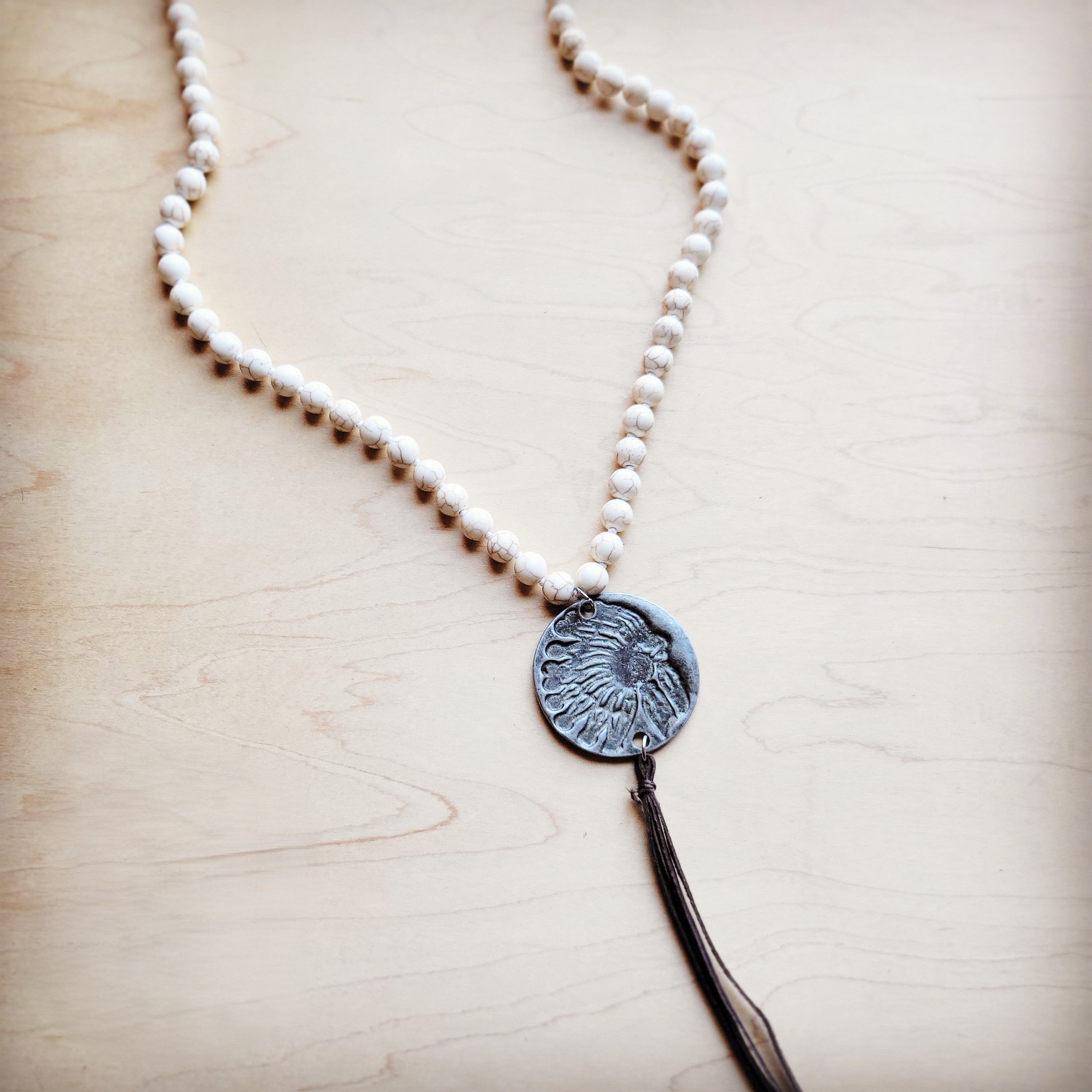 **Long Turquoise Beaded Necklace w/ Indian Pendant 258ka