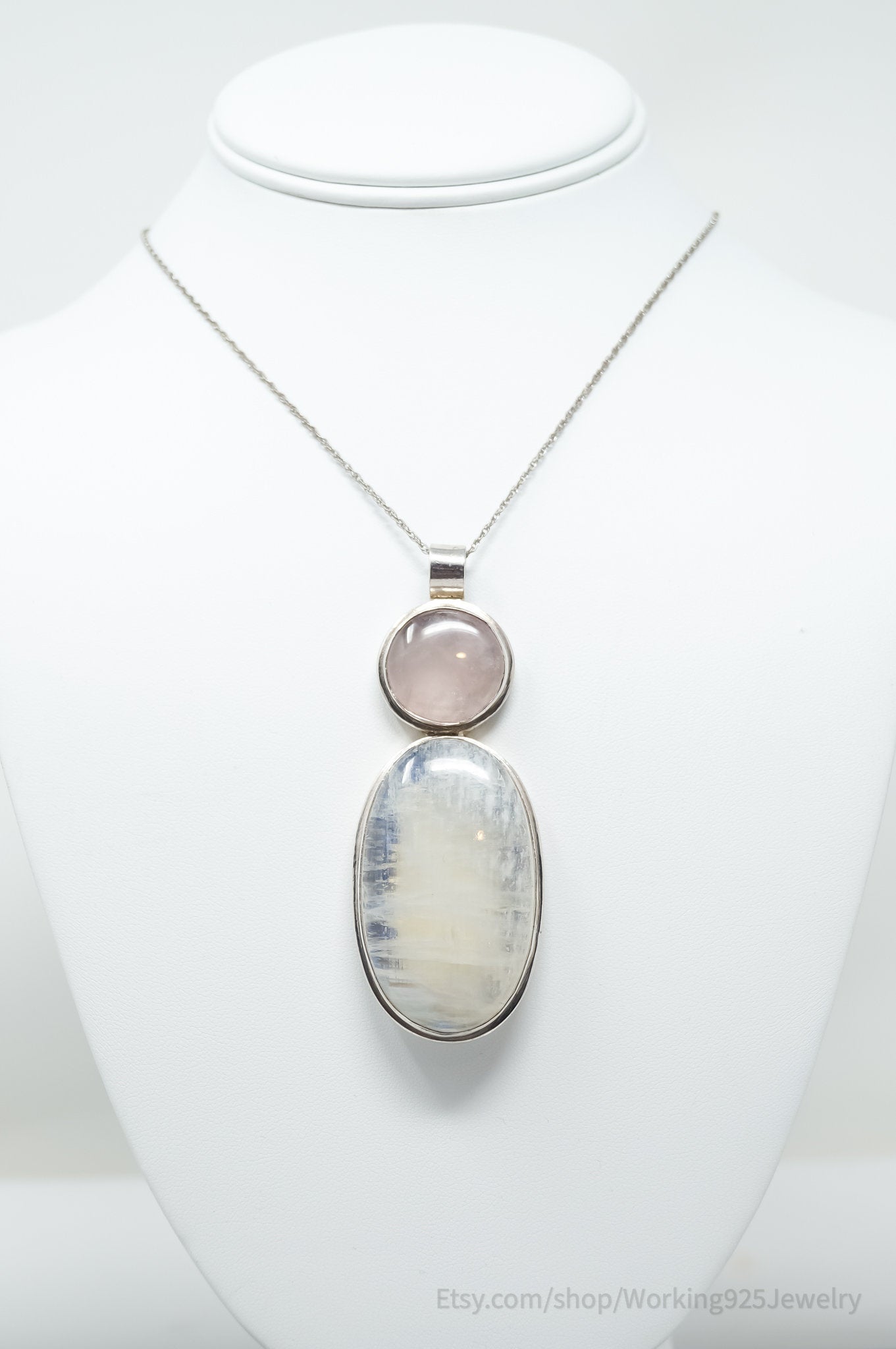 Vintage Large Moonstone Rose Quartz Sterling Silver Southwestern Necklace