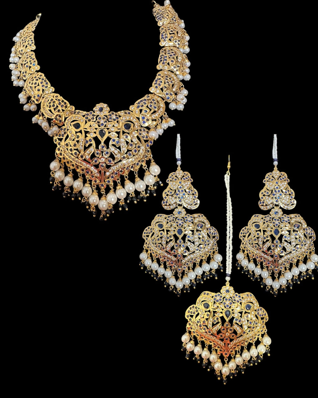 DNS204 Neeli jadau necklace with earrings tika in sapphire zircon(READY TO SHIP  )