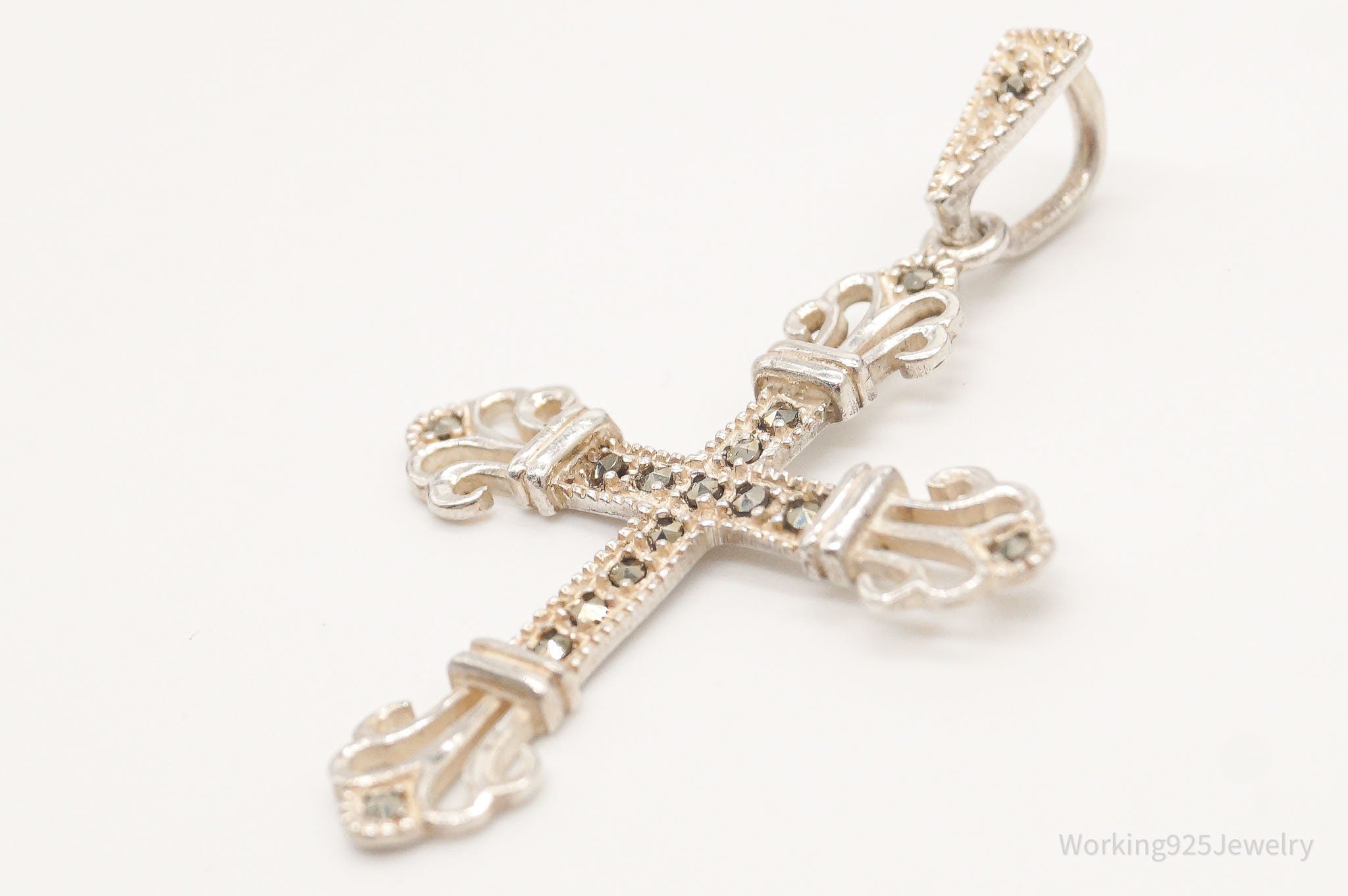 Vintage Marcasite Cross Sterling Silver Necklace Pendant