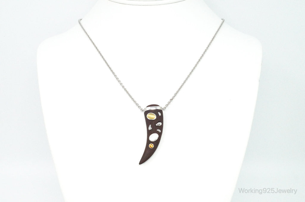 Vintage Large Wood Claw Tigers Eye Citrine Sterling Silver Necklace