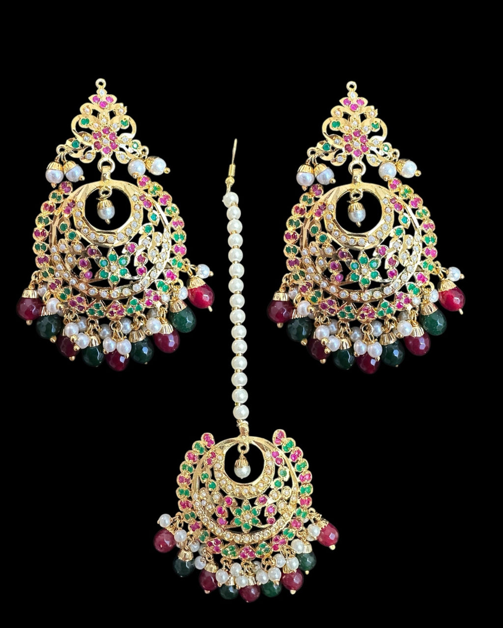Dafiya ruby emerald Chandbali Earrings & Tika Set | Ready to Ship | Deccan Jewelry
