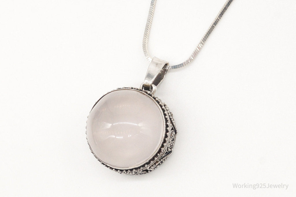 Vintage Large Rose Quartz Sterling Silver Necklace