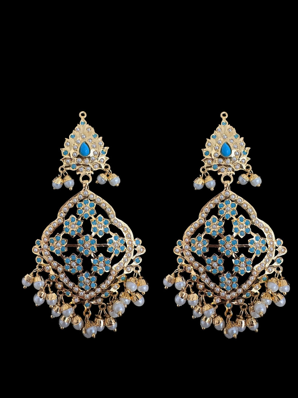 Mehru Jadau chandbali earrings tika in turquoise/feroza pearls ( READY TO SHIP )