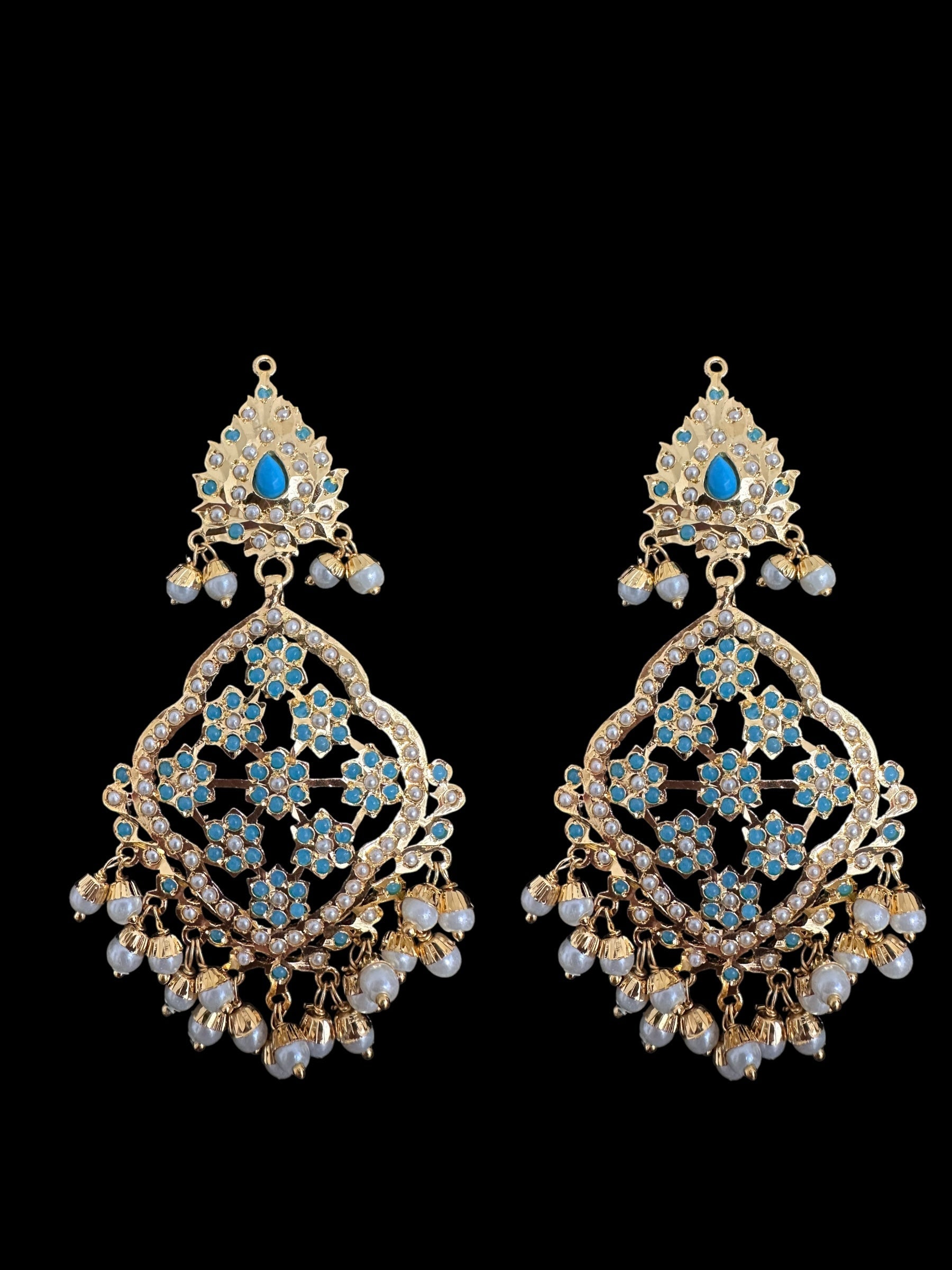 Mehru Jadau chandbali earrings tika in turquoise/feroza pearls ( READY TO SHIP )