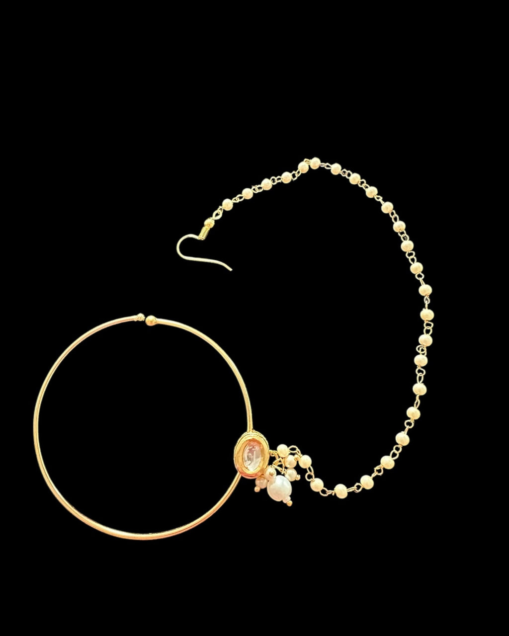 Elegant Kundan Pearl Nosering | Gold-Plated Nath with Chain ( READY TO SHIP )