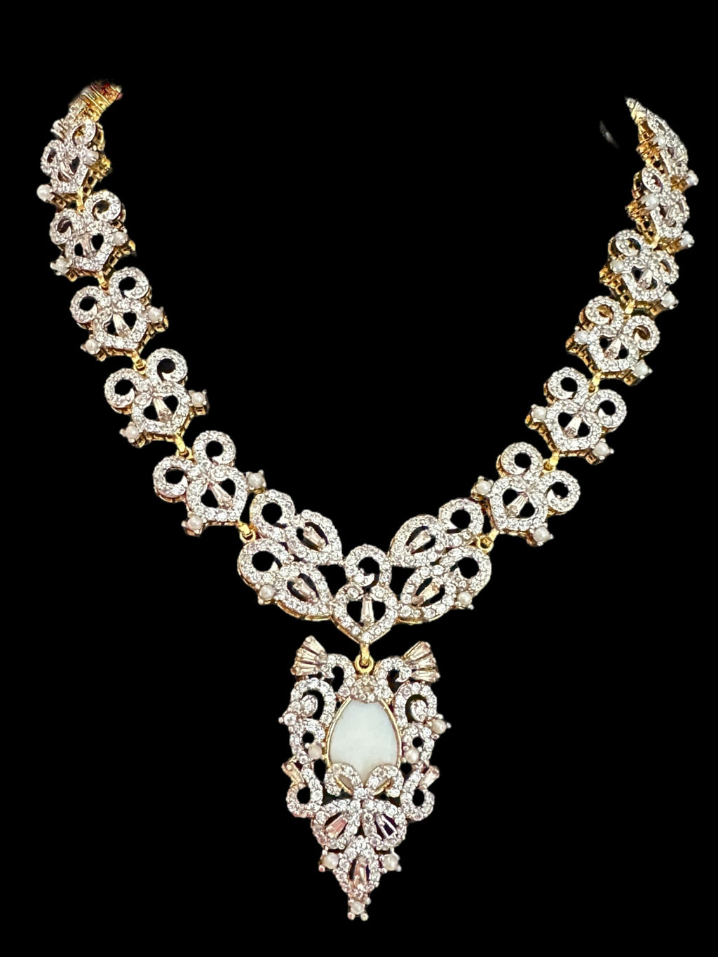 DNS158  Cz necklace with earrings in mother of pearl , gold plated ( READY TO SHIP )