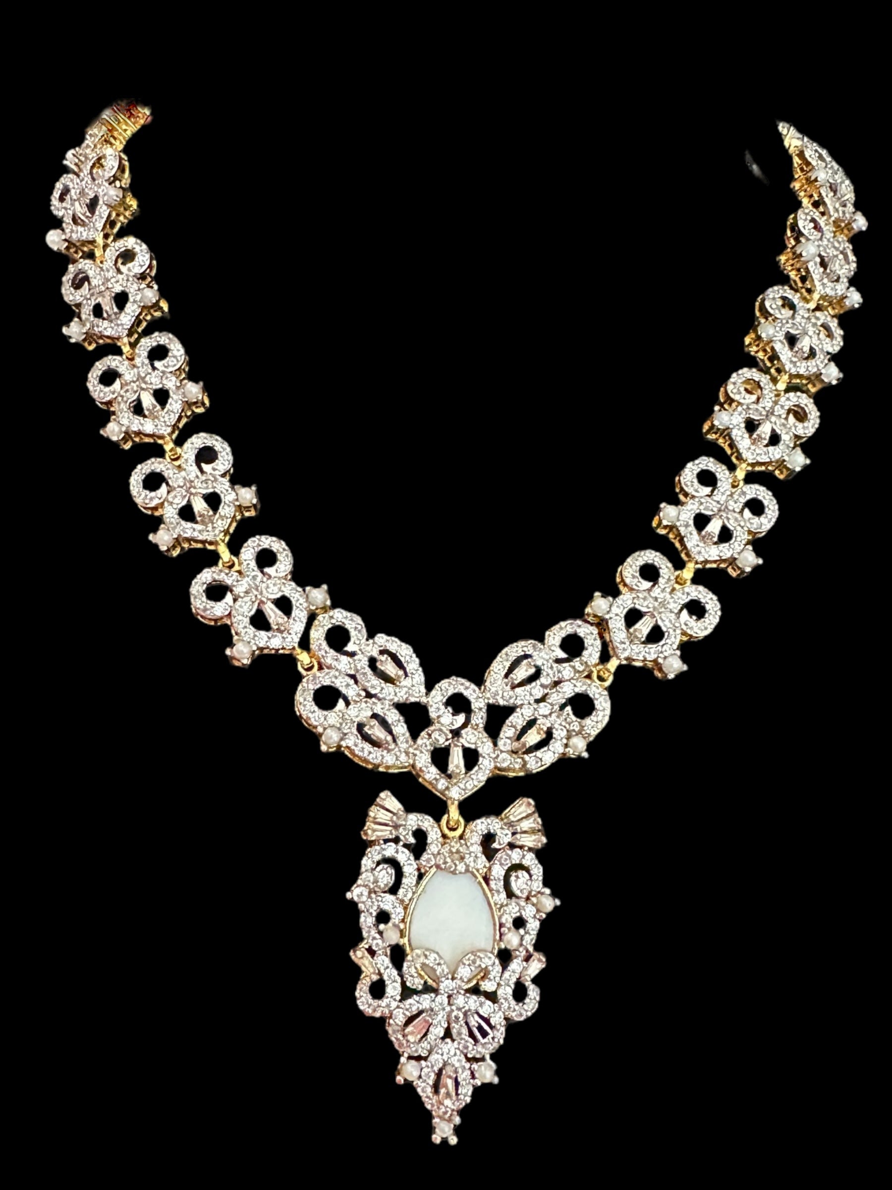 DNS158  Cz necklace with earrings in mother of pearl , gold plated ( READY TO SHIP )