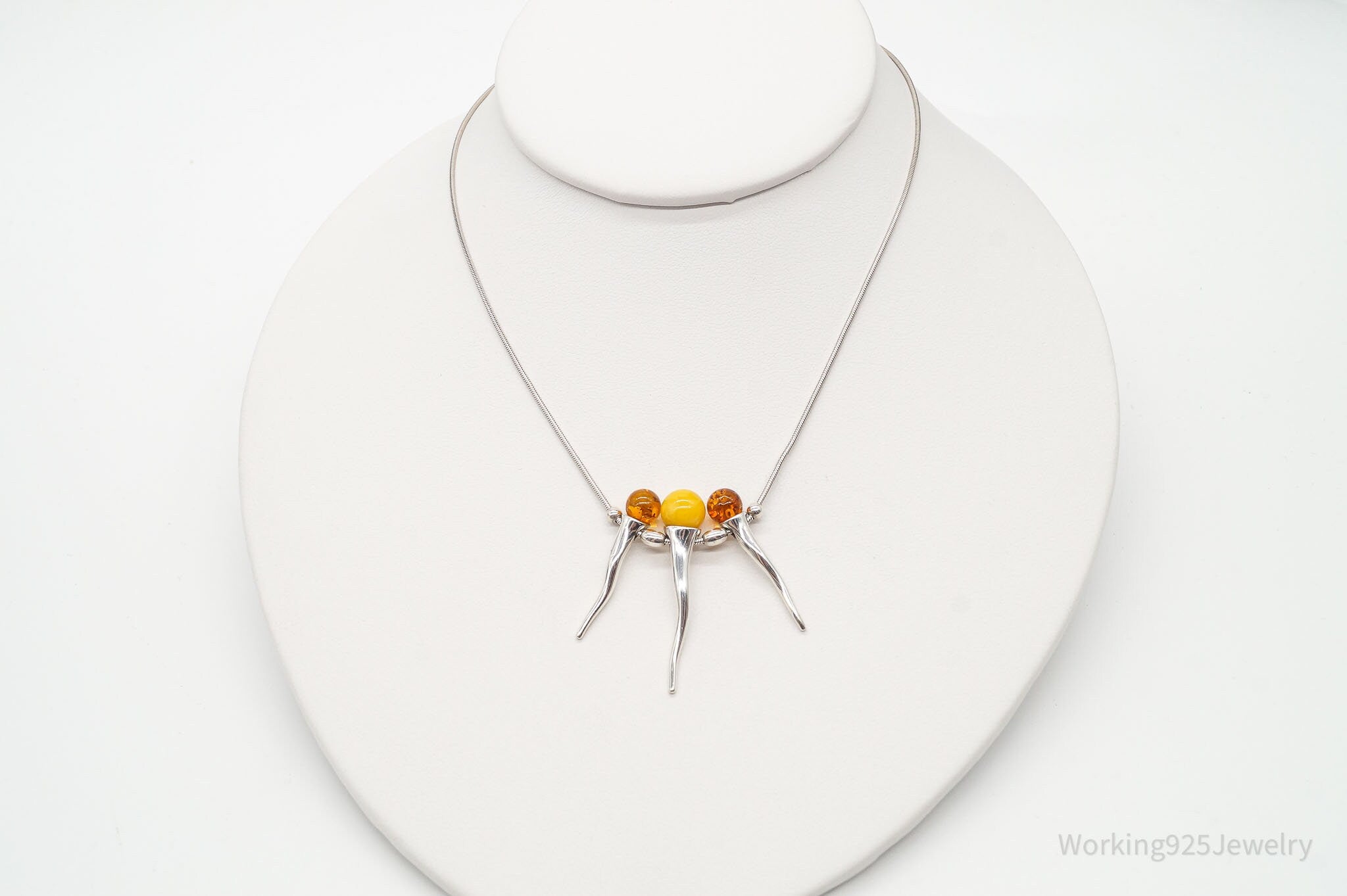 Vintage Gdansk Poland Multi Type Amber Modernist Sterling Silver Necklace