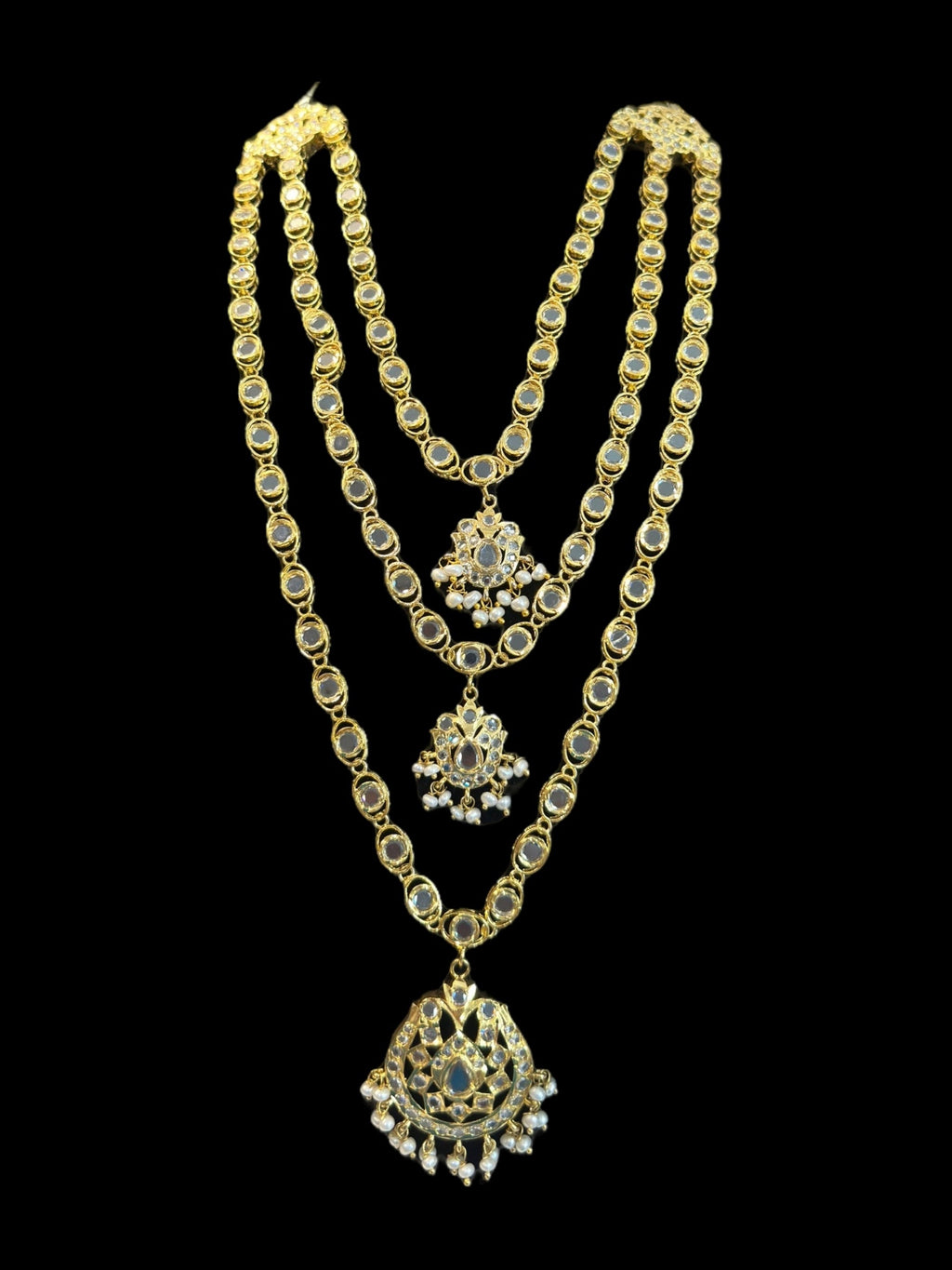 SAT105 Mallika hyderabadi three layer necklace set in fresh water pearls ( READY TO SHIP )