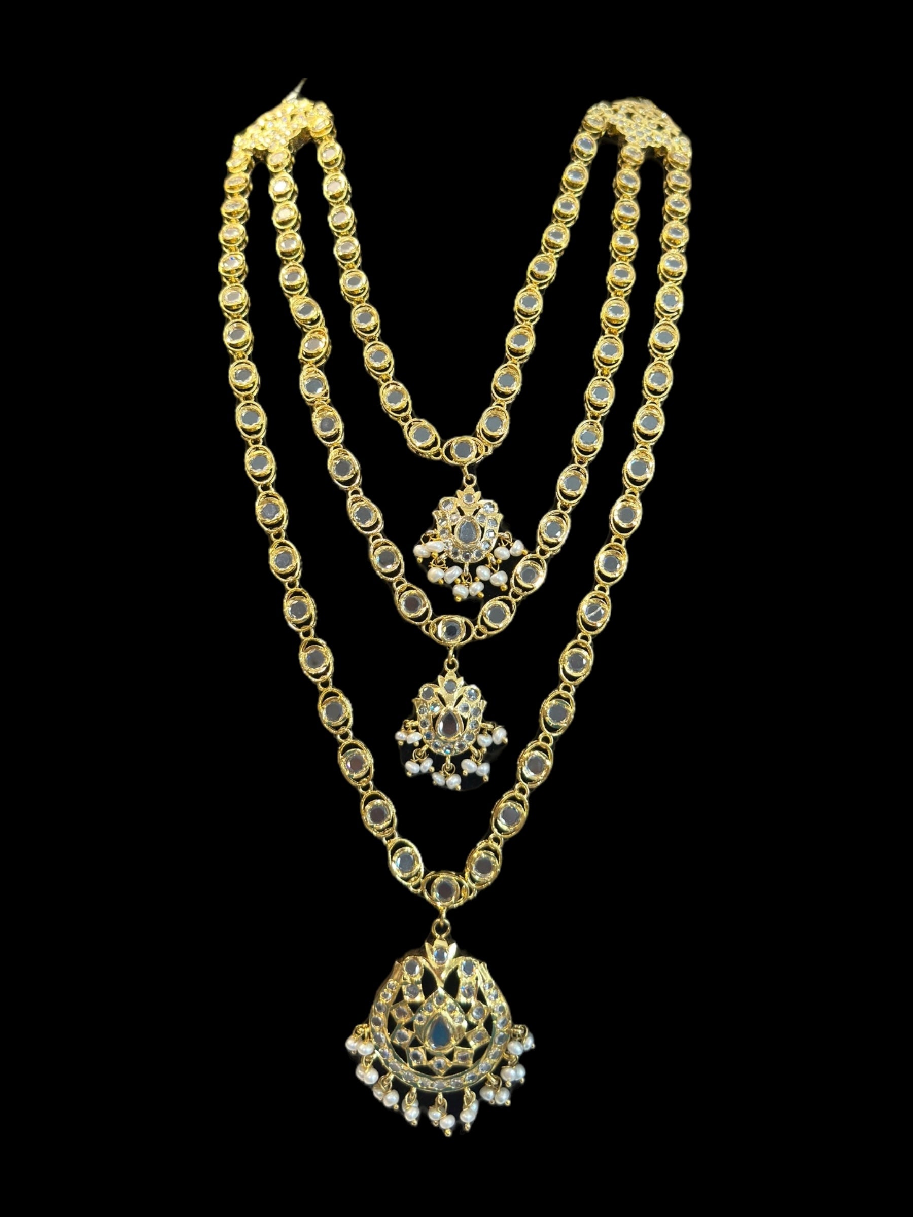 SAT105 Mallika hyderabadi three layer necklace set in fresh water pearls ( READY TO SHIP )