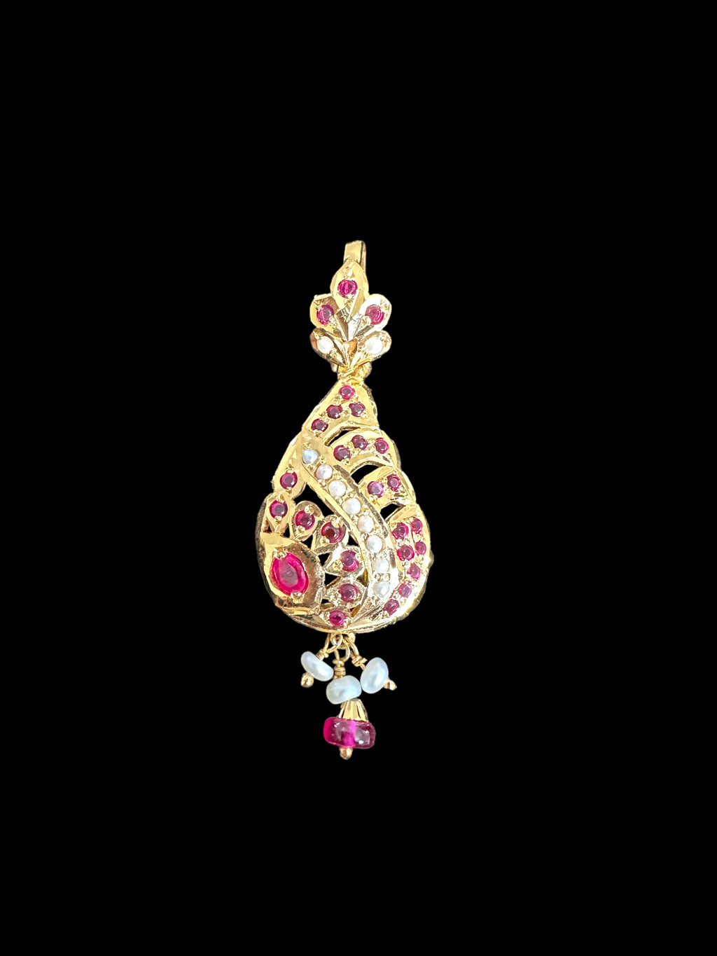 Gold-Plated Jadau Silver Pendant Set in Ruby & Pearl 
 ( READY TO SHIP )