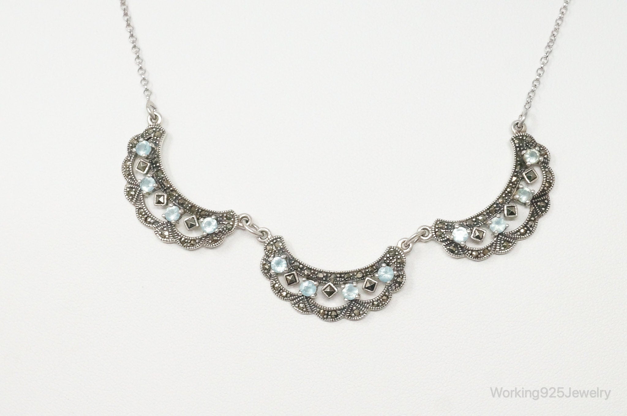 Vintage Art Deco Blue Topaz Marcasite Sterling Silver Necklace