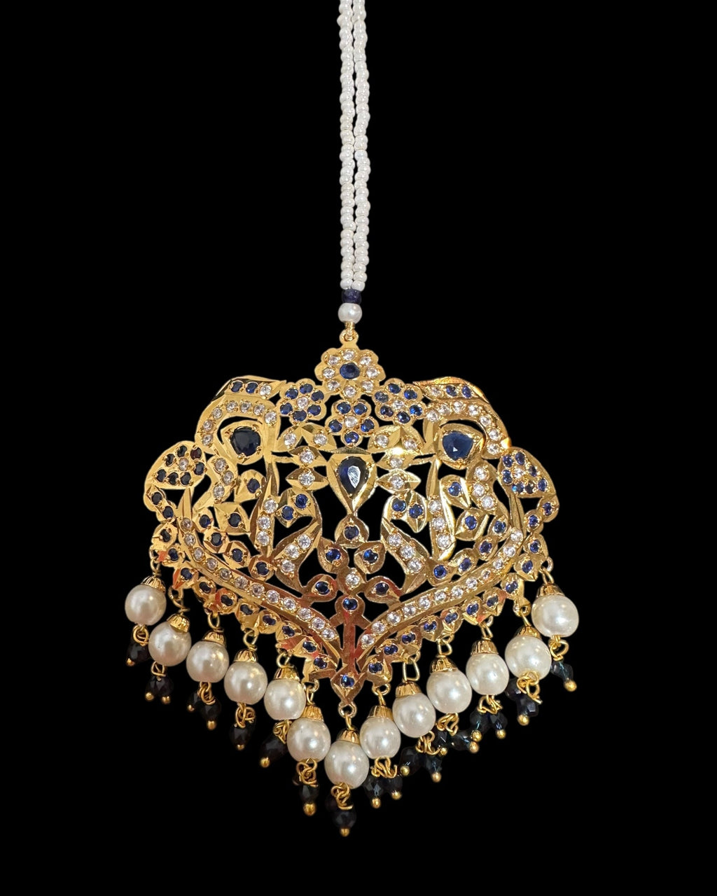 DNS204 Neeli jadau necklace with earrings tika in sapphire zircon(READY TO SHIP  )