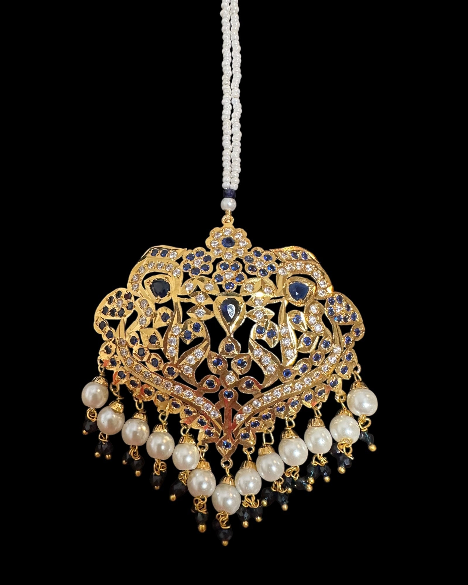 DNS204 Neeli jadau necklace with earrings tika in sapphire zircon(READY TO SHIP  )