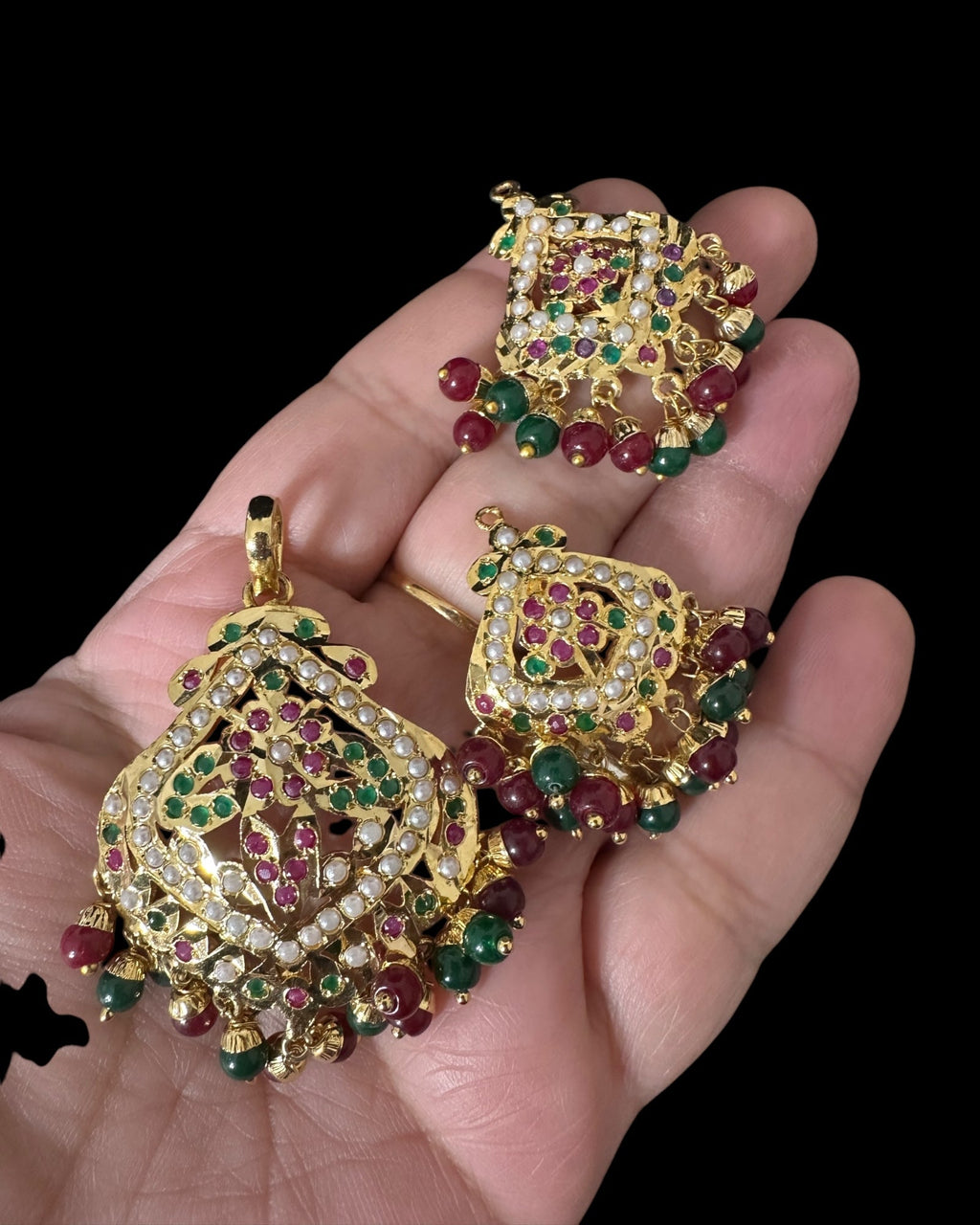 PS546 Ayeza jadau ruby emerald pendant set ( READY TO SHIP )