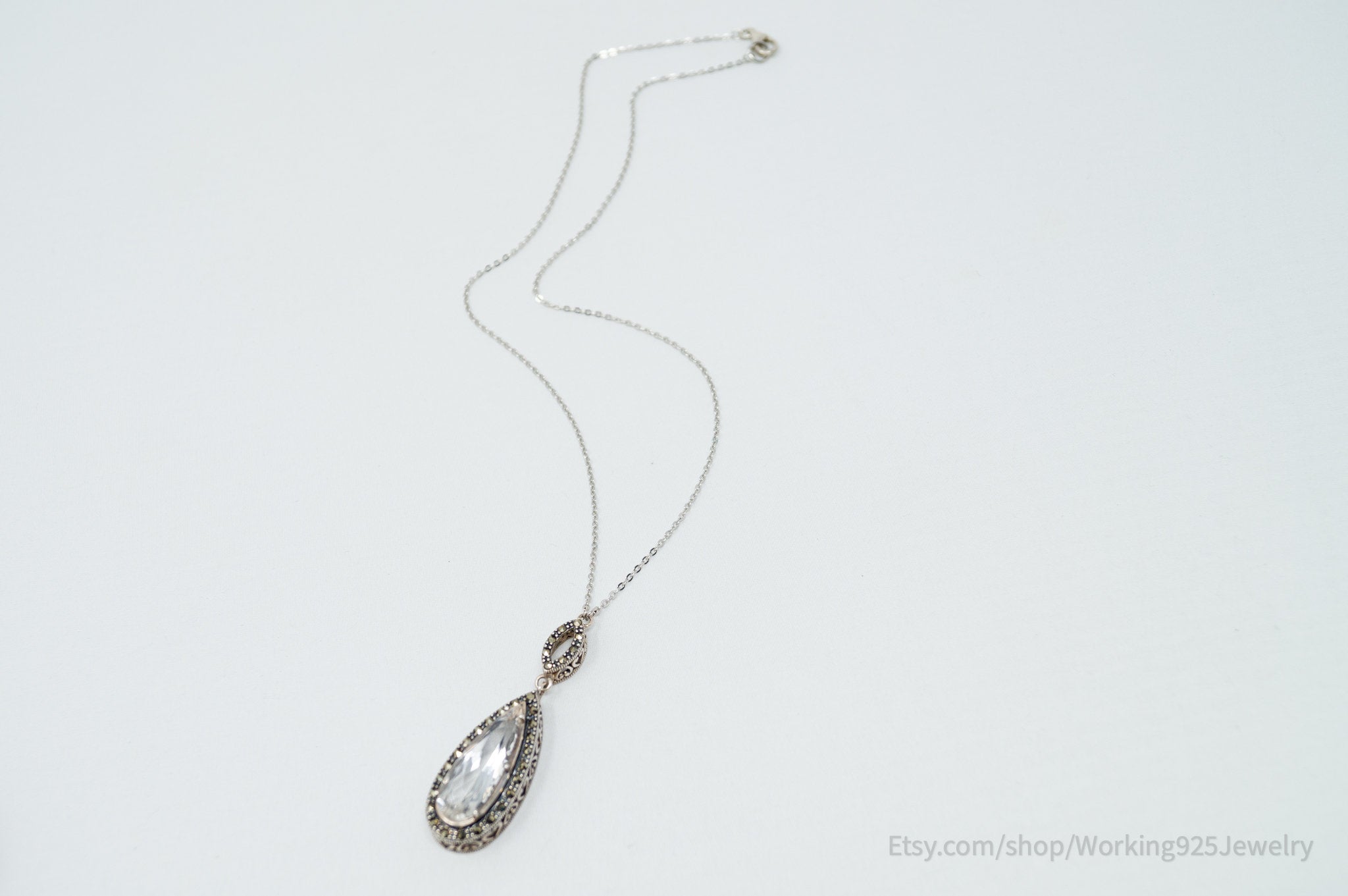 Vintage Marcasite Art Deco Cubic Zirconia Heart Scroll Sterling Silver Necklace