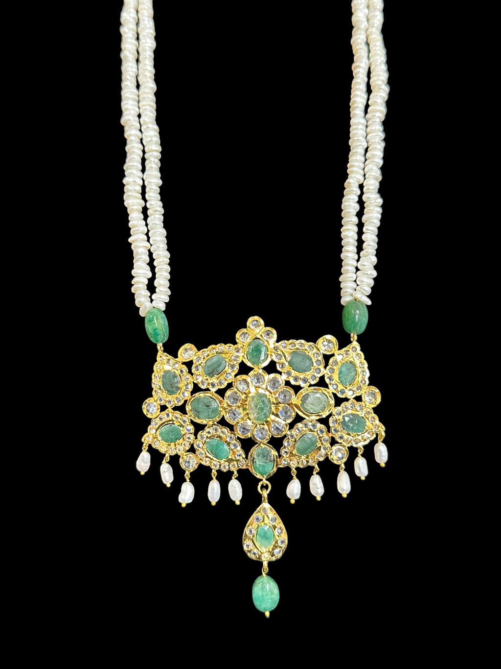 DLN35 Gold plated long necklace with emeralds and pearls ( SHIPS IN 4 WEEKS )