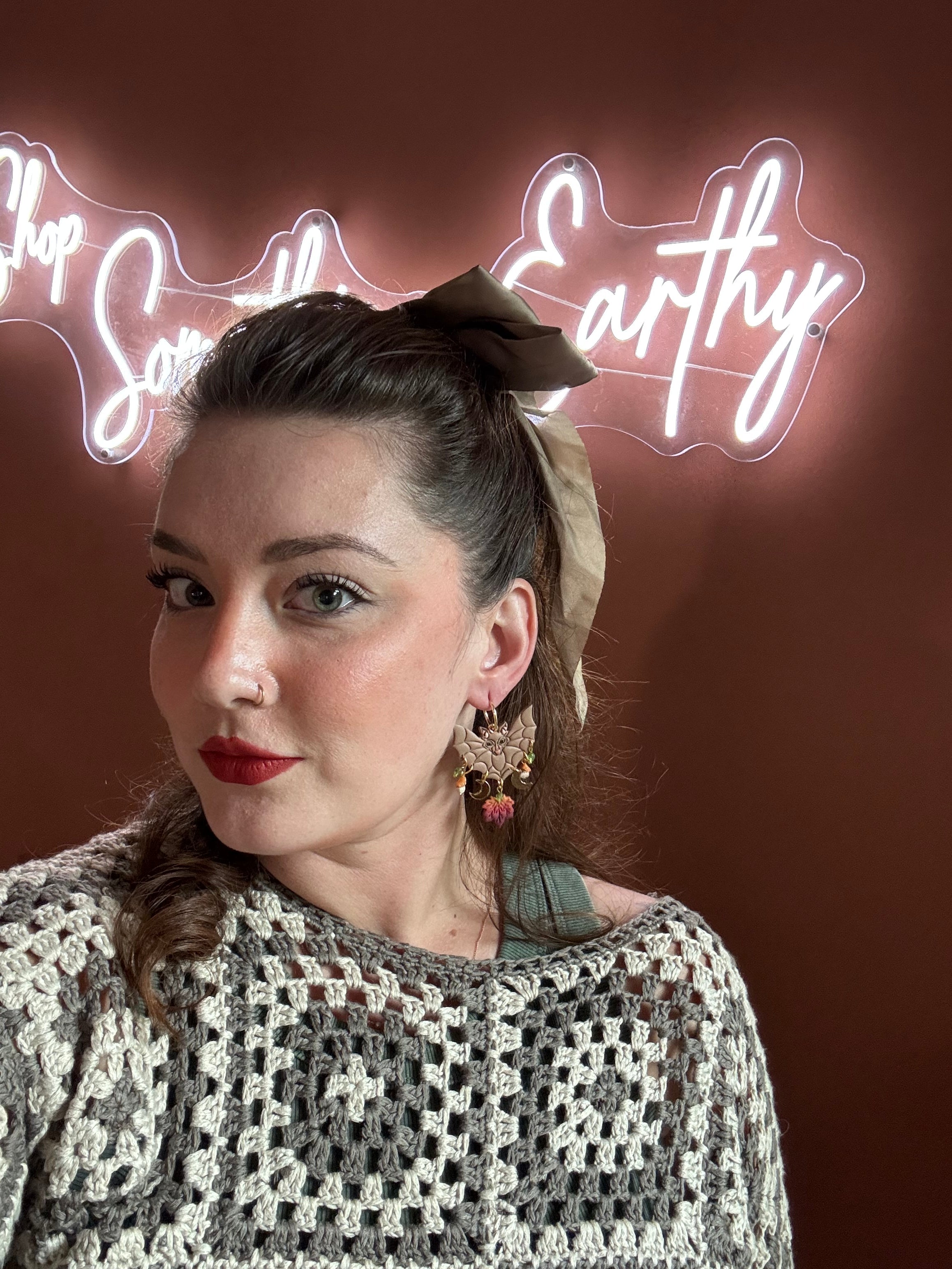 Autumn Beaded Bat Earrings, Brown