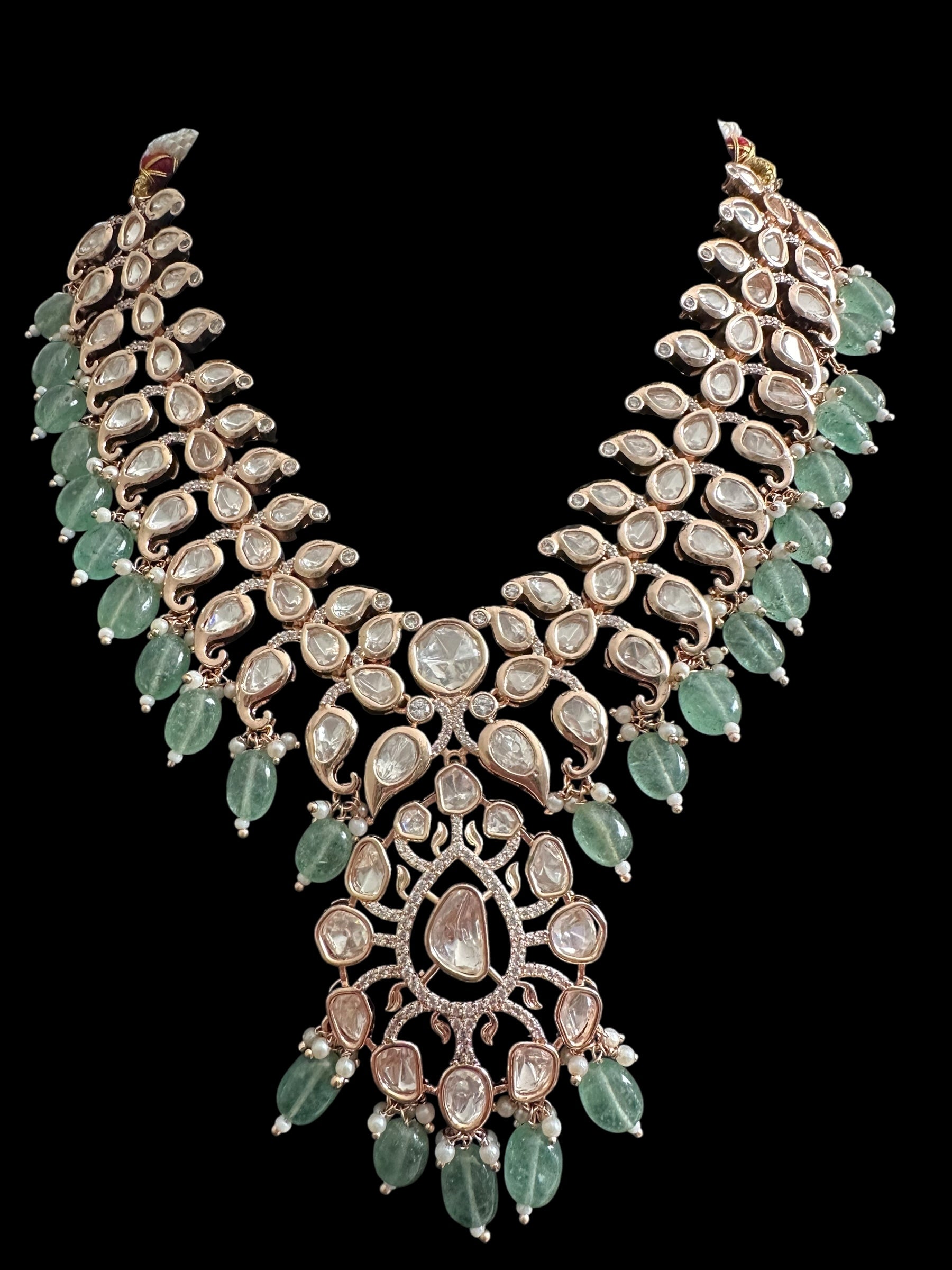 DNS206 Alayna Polki Necklace earrings tika set - light green beads with pearls ( READY TO SHIP )