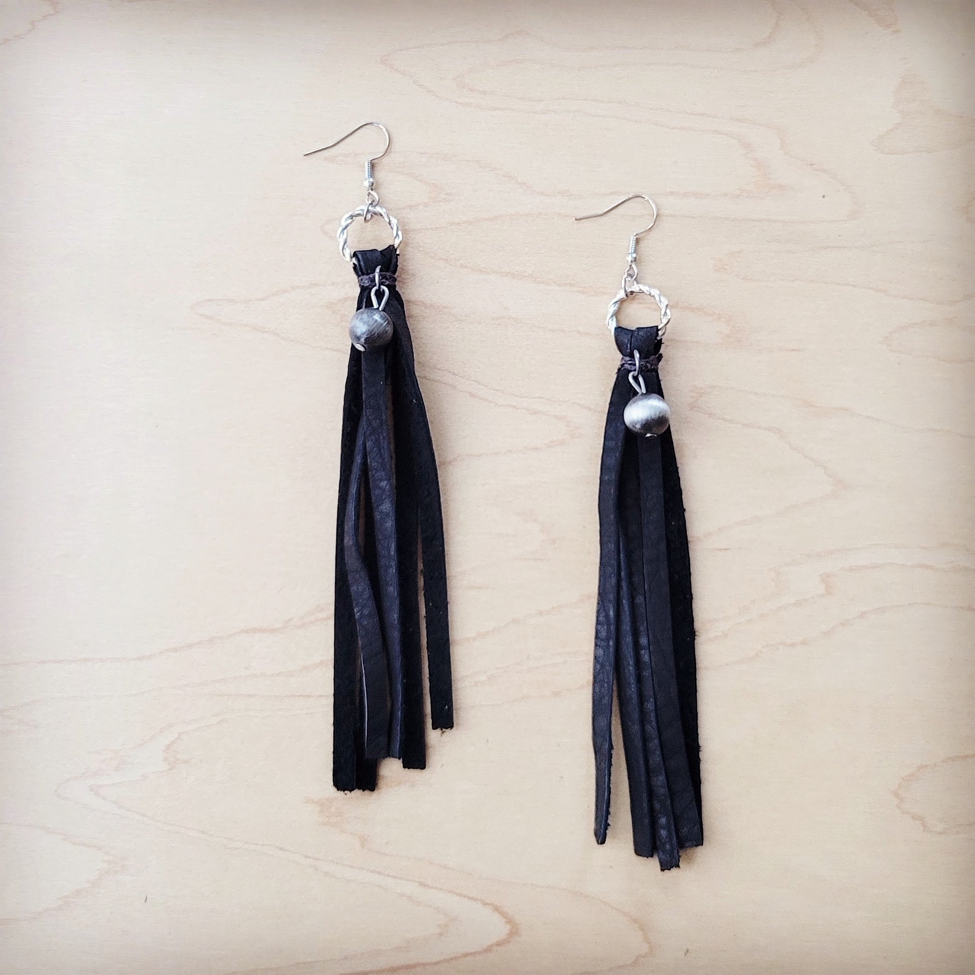 Black Leather Fringe Earrings with Silver Bead Accent-Black 200c