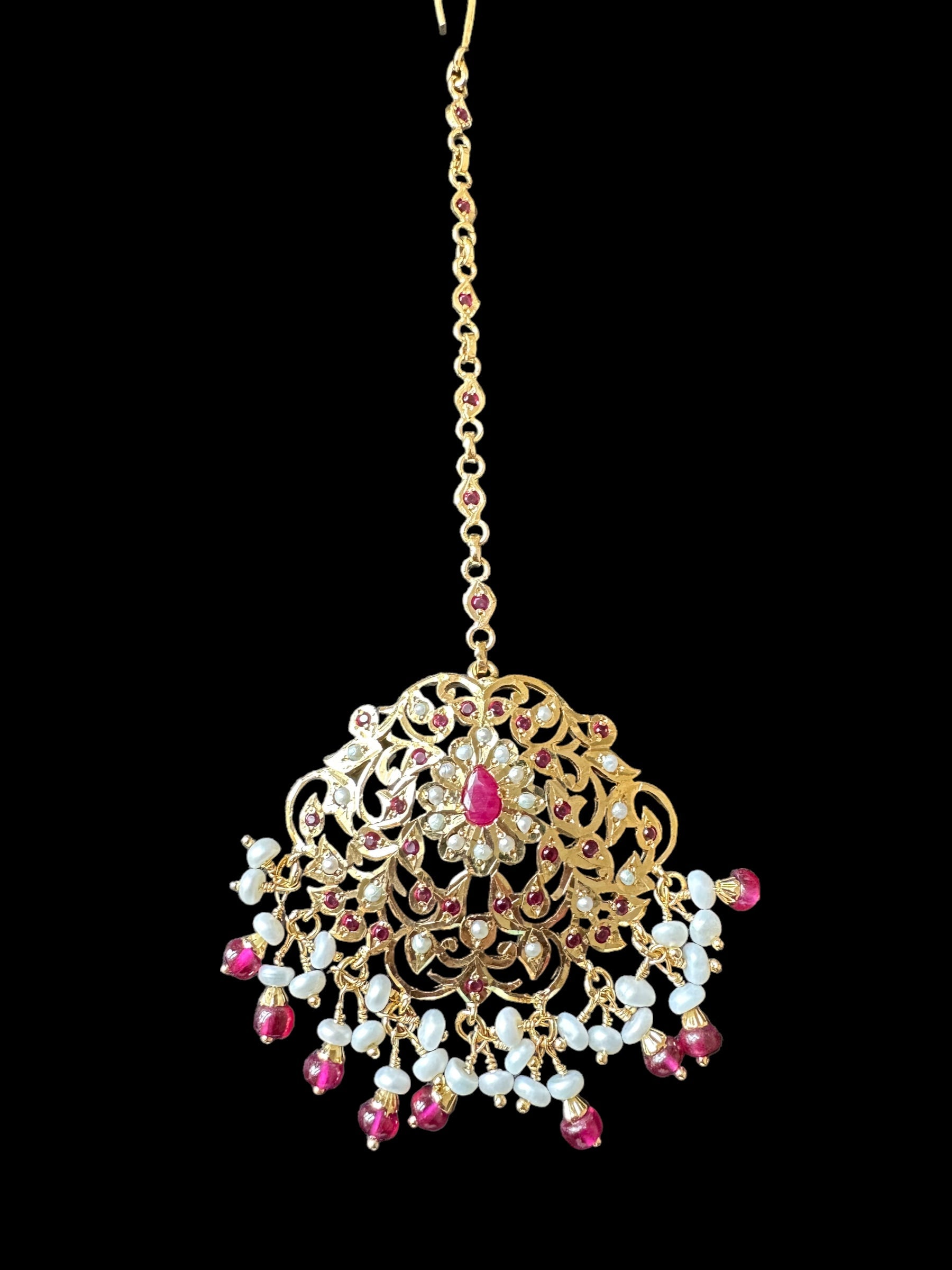 Mehwish Jadau tika in gold plated silver with fresh water pearls and rubies ( SHIPS IN 5 WEEKS )