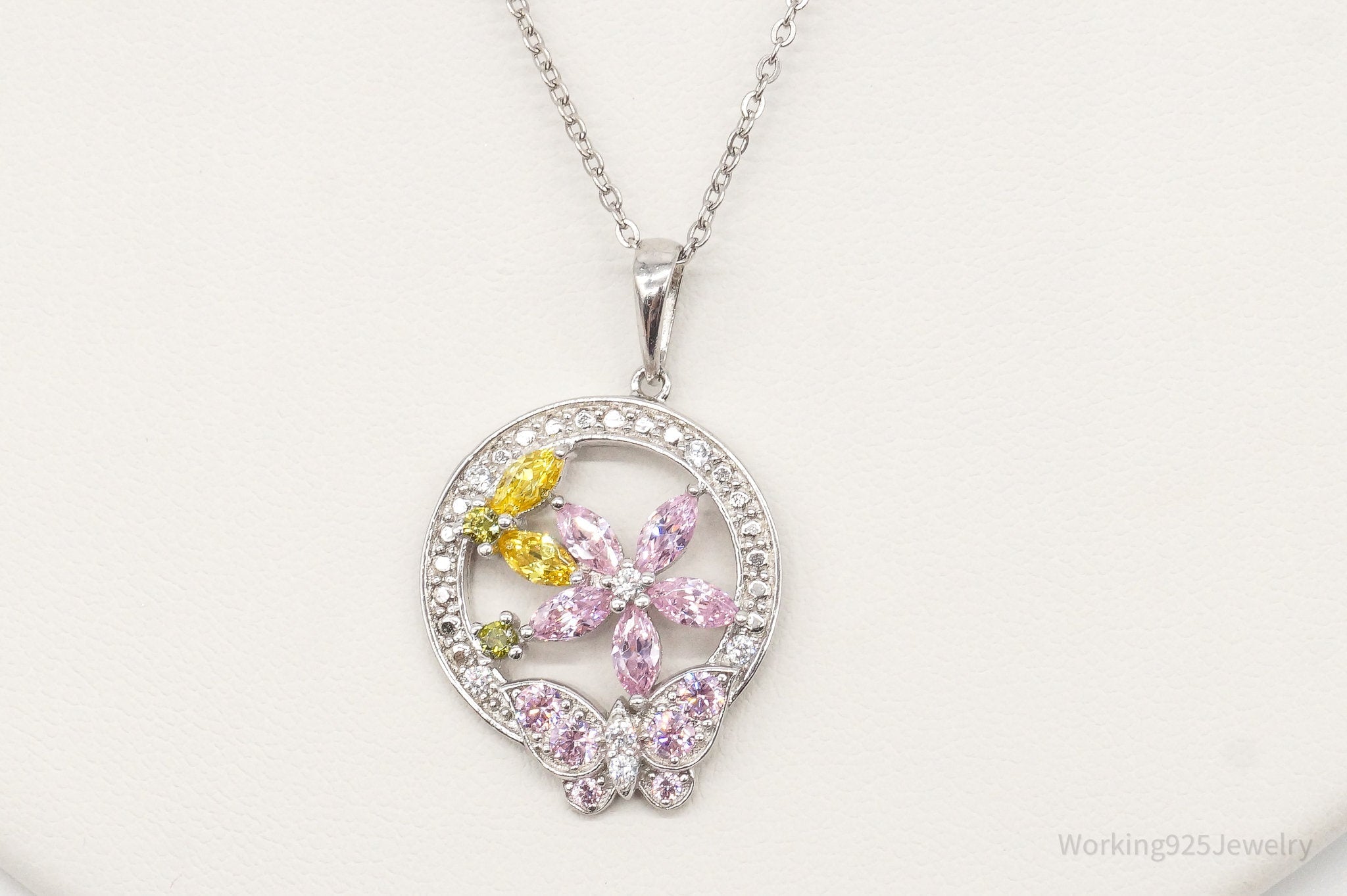 Vintage Multi Color Cubic Zirconia Sterling Silver Flower Necklace