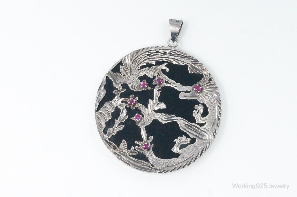 Vintage Large Ruby Black Onyx Etched Birds In Nature Sterling Silver Pendant